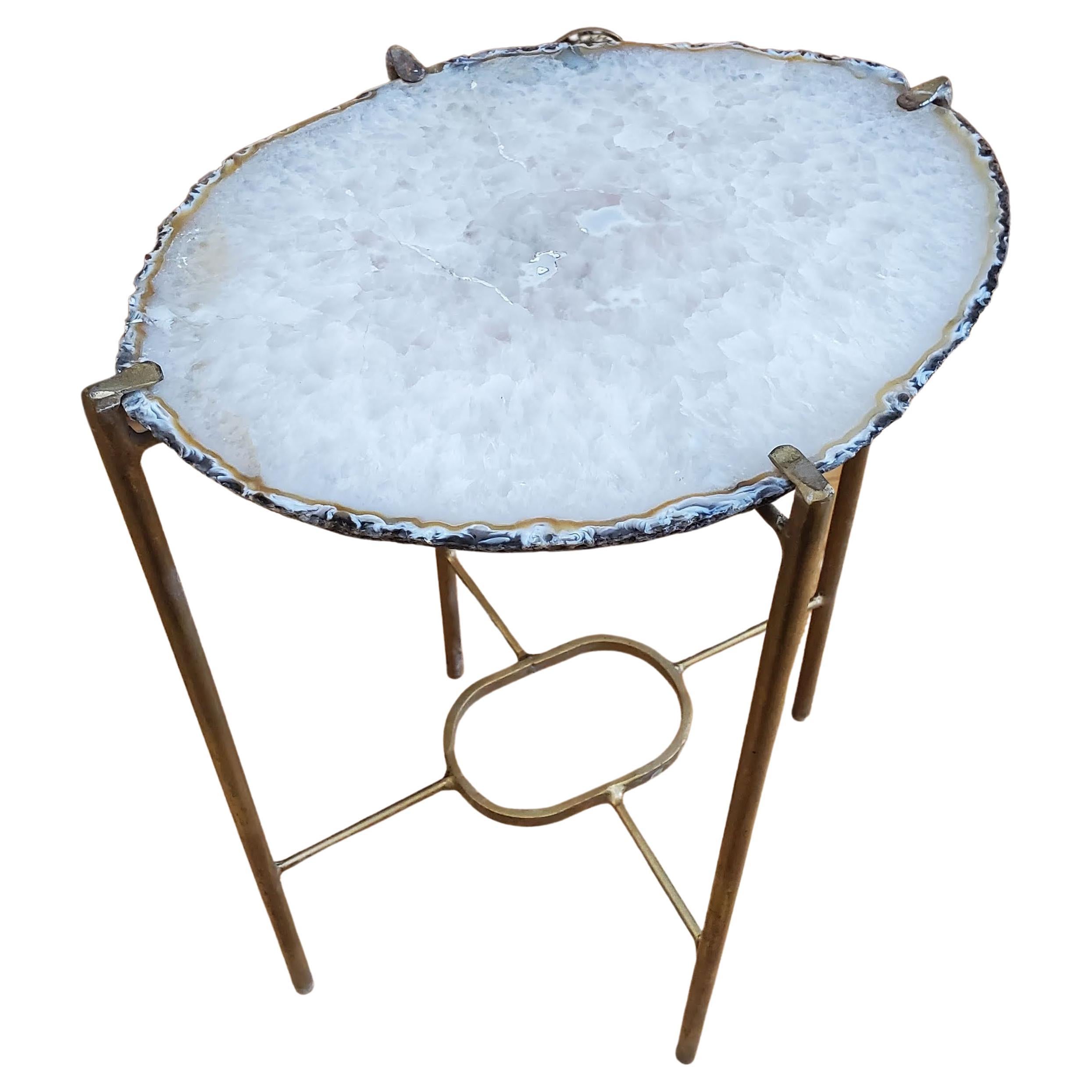 Organic Modern White with Brown Edge Geode and Gold Gilt Side Table