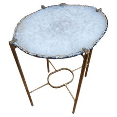 Organic Modern White with Brown Edge Geode and Gold Gilt Side Table