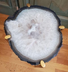 Organic Modern White with Dark Blue Edge Geode Drink Table with Gold Gilt Base