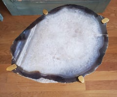 Organic Modern White with Dark Blue Edge Geode Drink Table with Gold Gilt Base