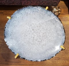 Organic Modern White with Dark Brown Edge Geode Drink Table with Gold Gilt Base