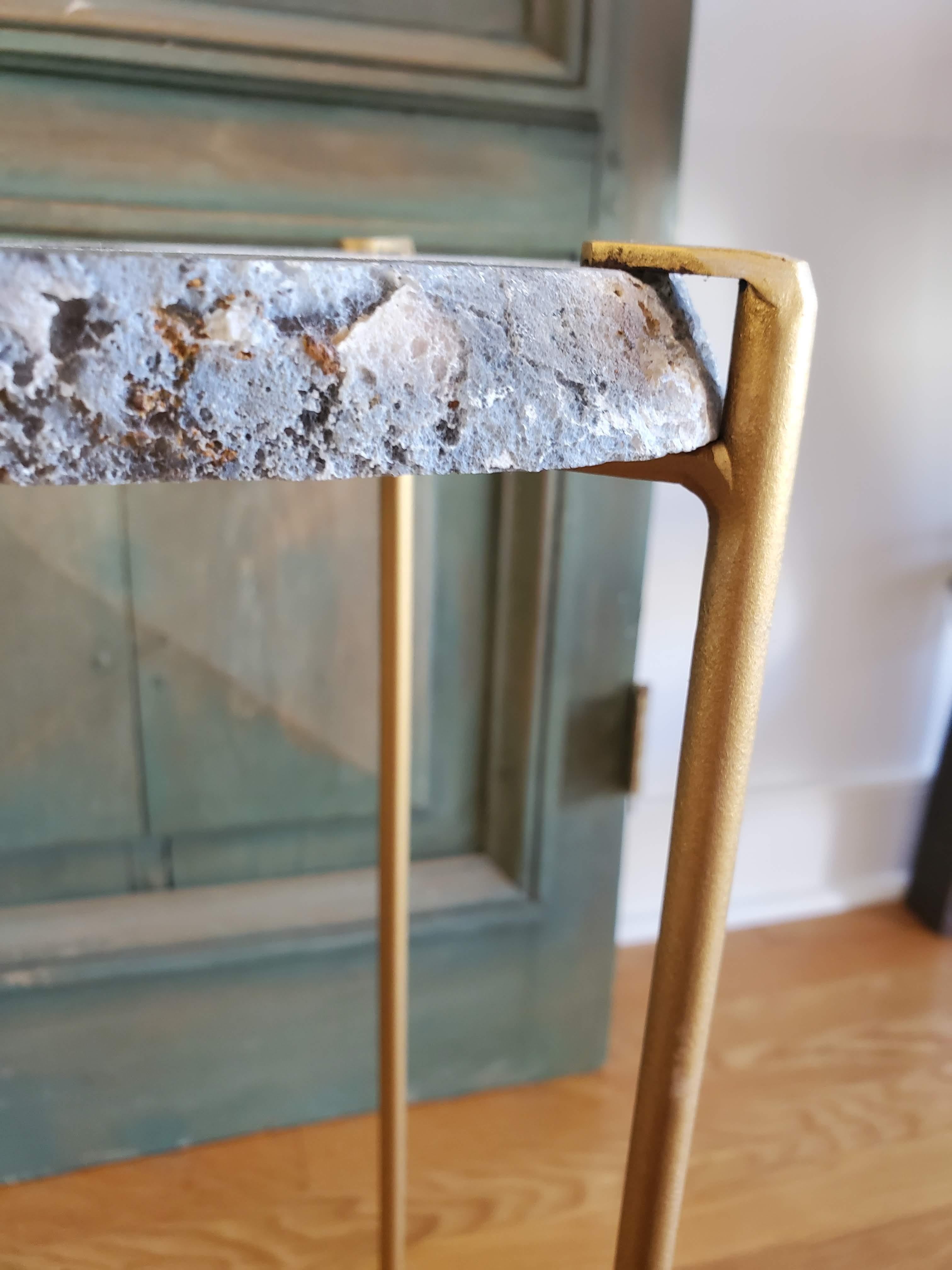 Steel Organic Modern White with Dark Gray Edge Geode Table with Gold Gilt Base