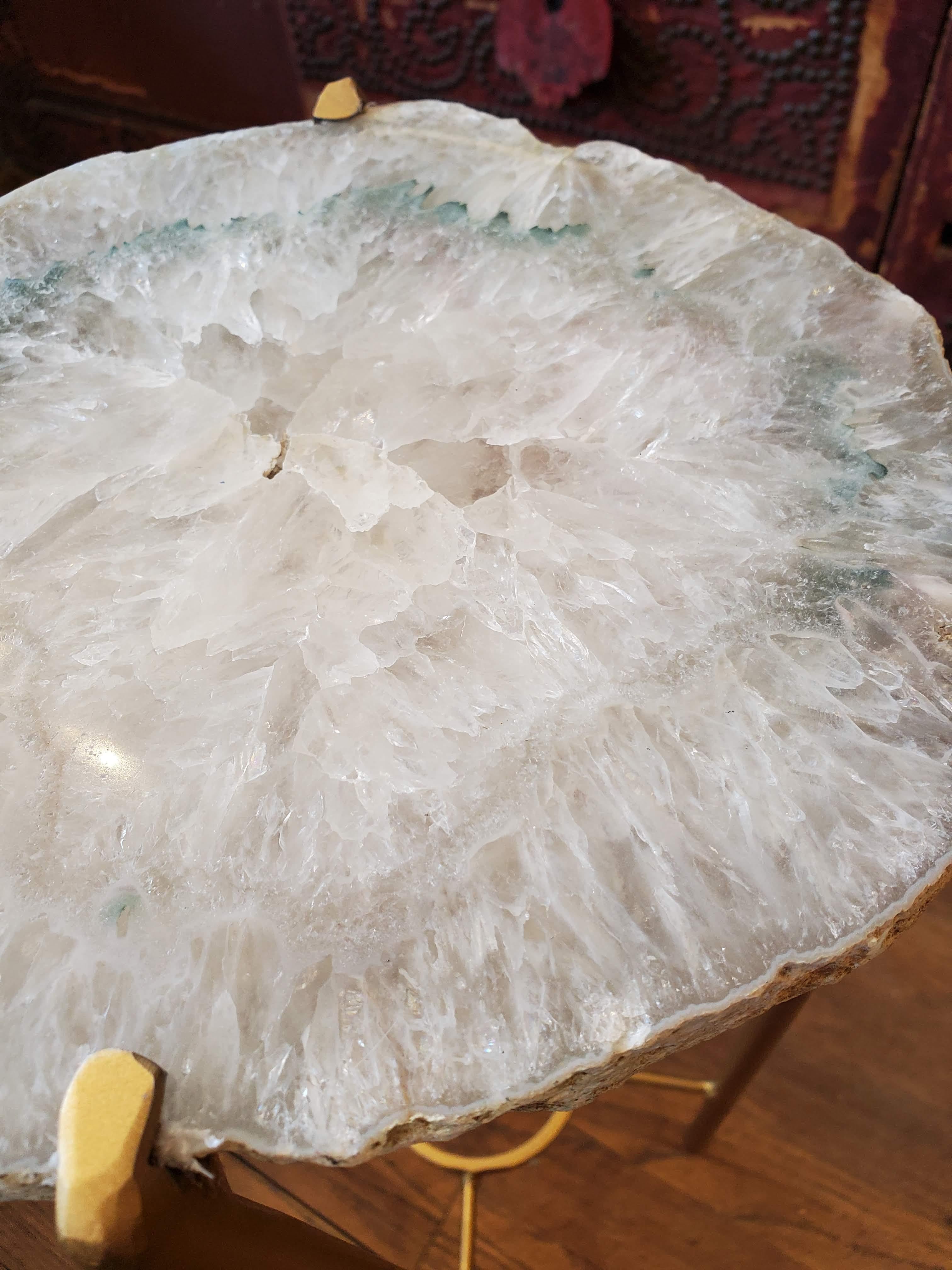 American Organic Modern White with Green Accent Geode Drink Table with Gold Gilt Base