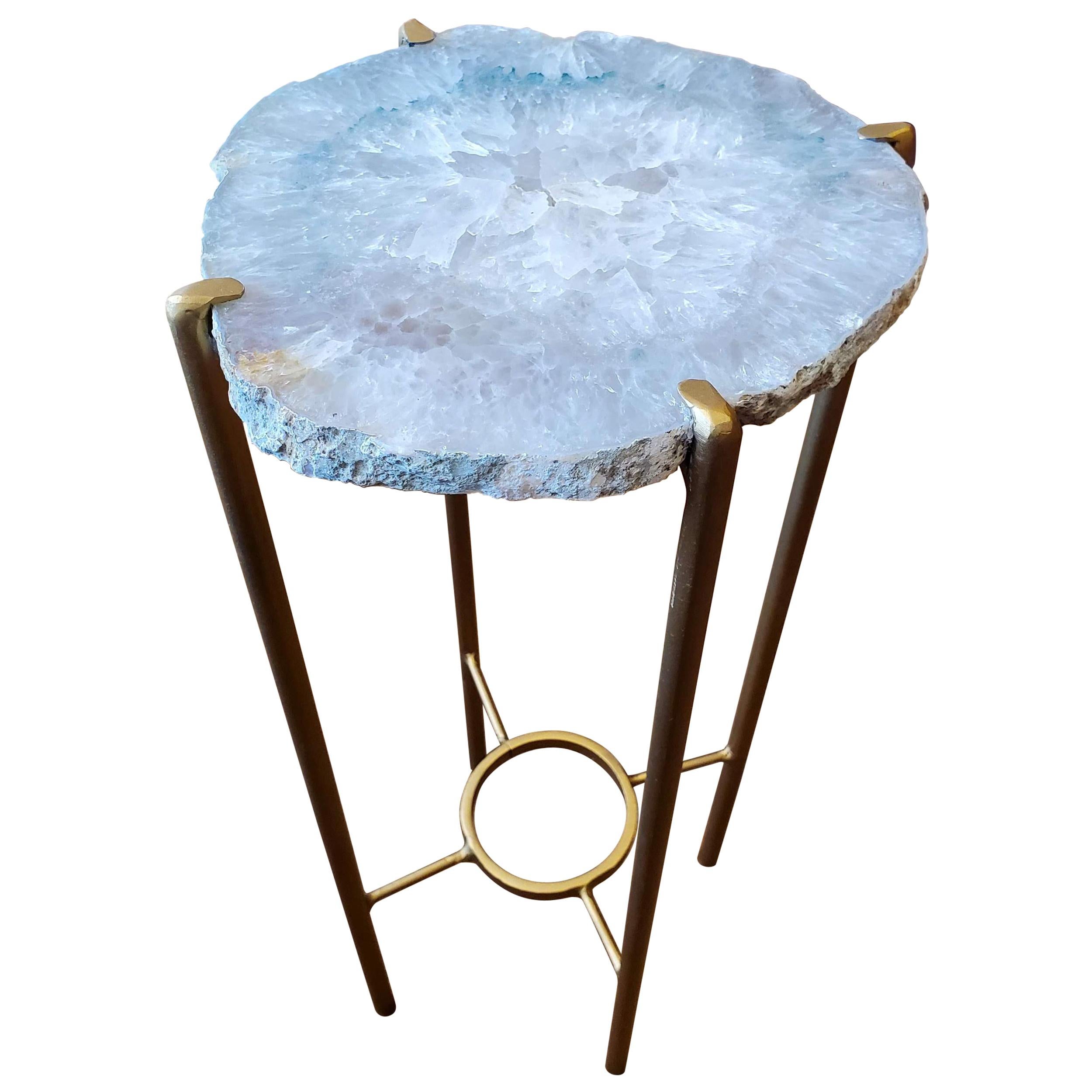 Organic Modern White with Green Accent Geode Drink Table with Gold Gilt Base