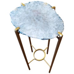 Organic Modern White with Green Edge Geode Drink Table with Gold Gilt Base