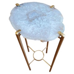 Organic Modern White with Light Tan Accent Geode Drink Table with Gold Gilt Base