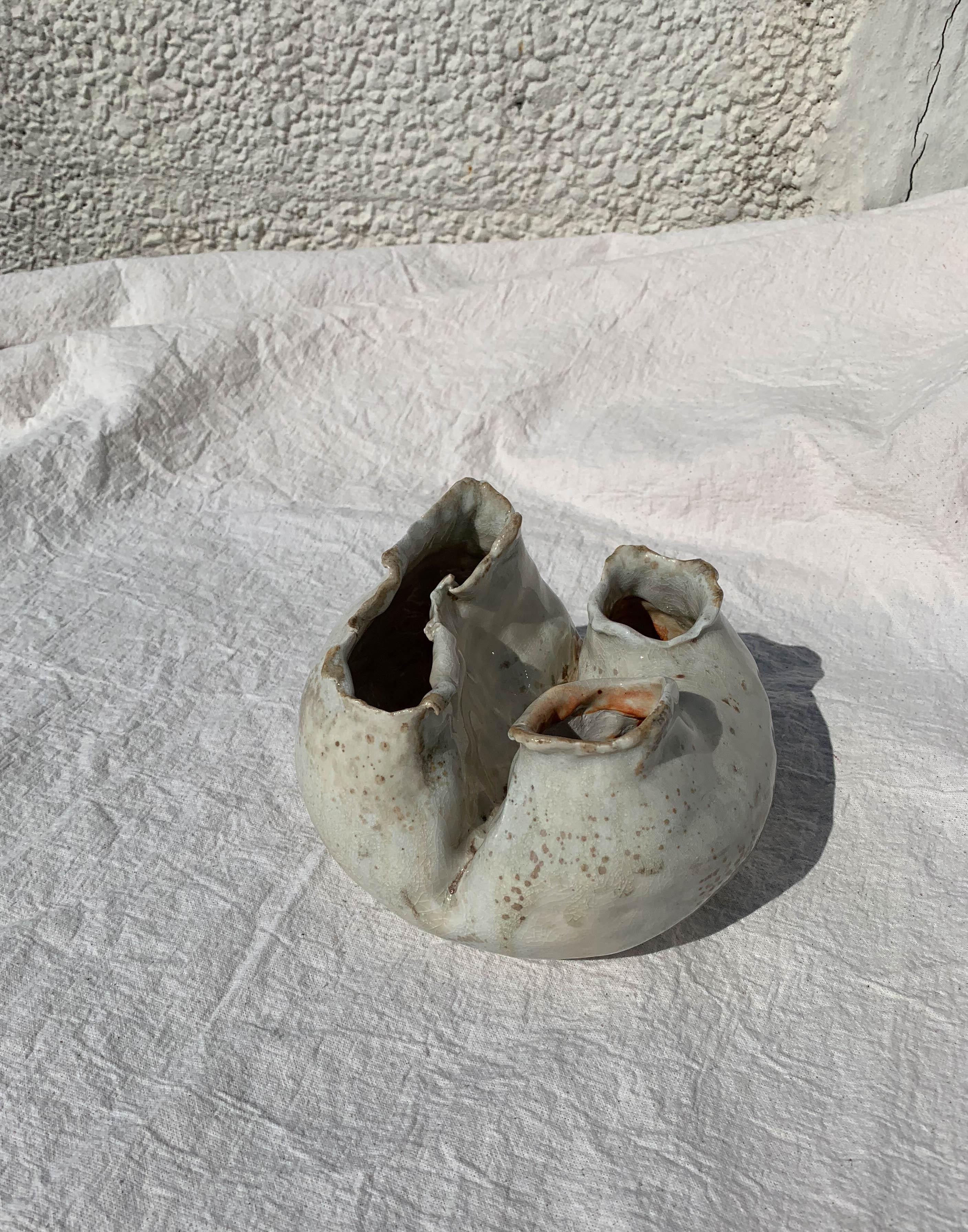 Asymmetric, sculptural vase, coil-built from porcelain clay, then fired in an Anagama/Noborigama kiln in Cold Spring New York.

Diameter approximately 10 inches and 6 inches tall.