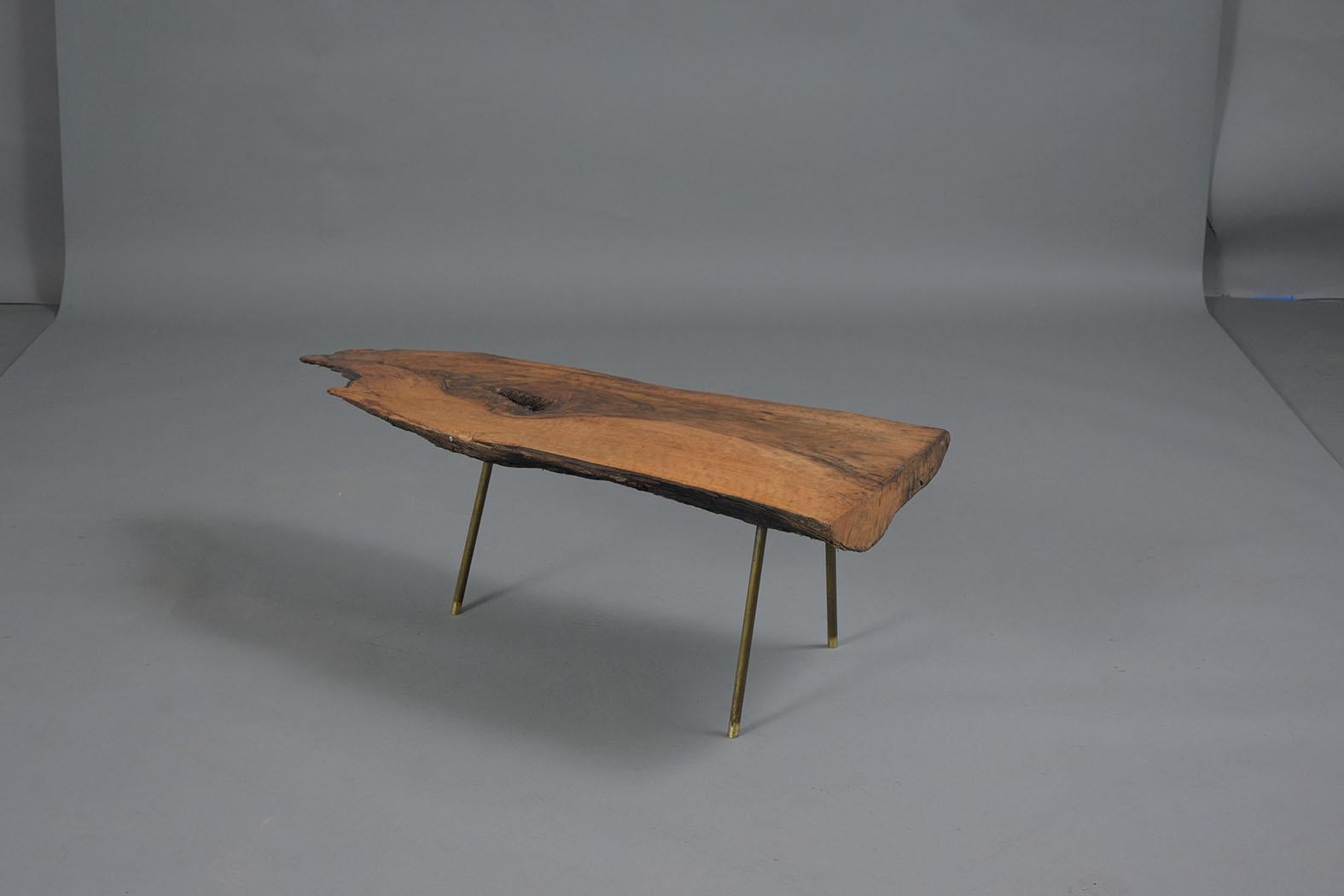 Brass Organic Modern Wood Slab Coffee Table