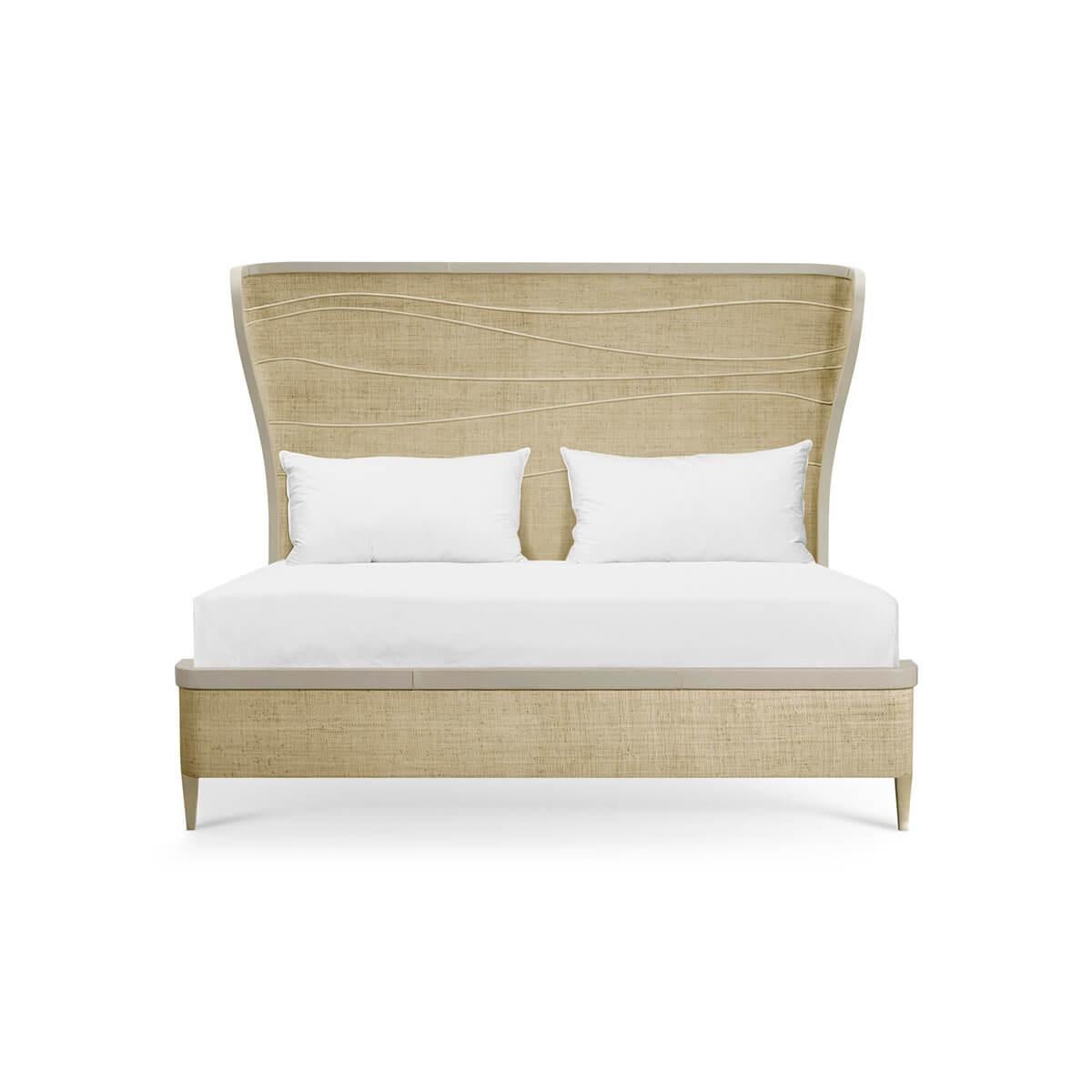 Born from passion with incredibly crafted aesthetic details, the bed's captivating lines and sublime curves promise a new level of interior expression.

Subtle shades of handwoven grasscloth are surrounded by a soft creme leather frame in an