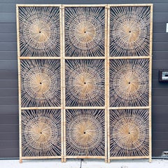 Organic Modern Woven Rattan Sunburst Three Panel Folding Screen Room Divider