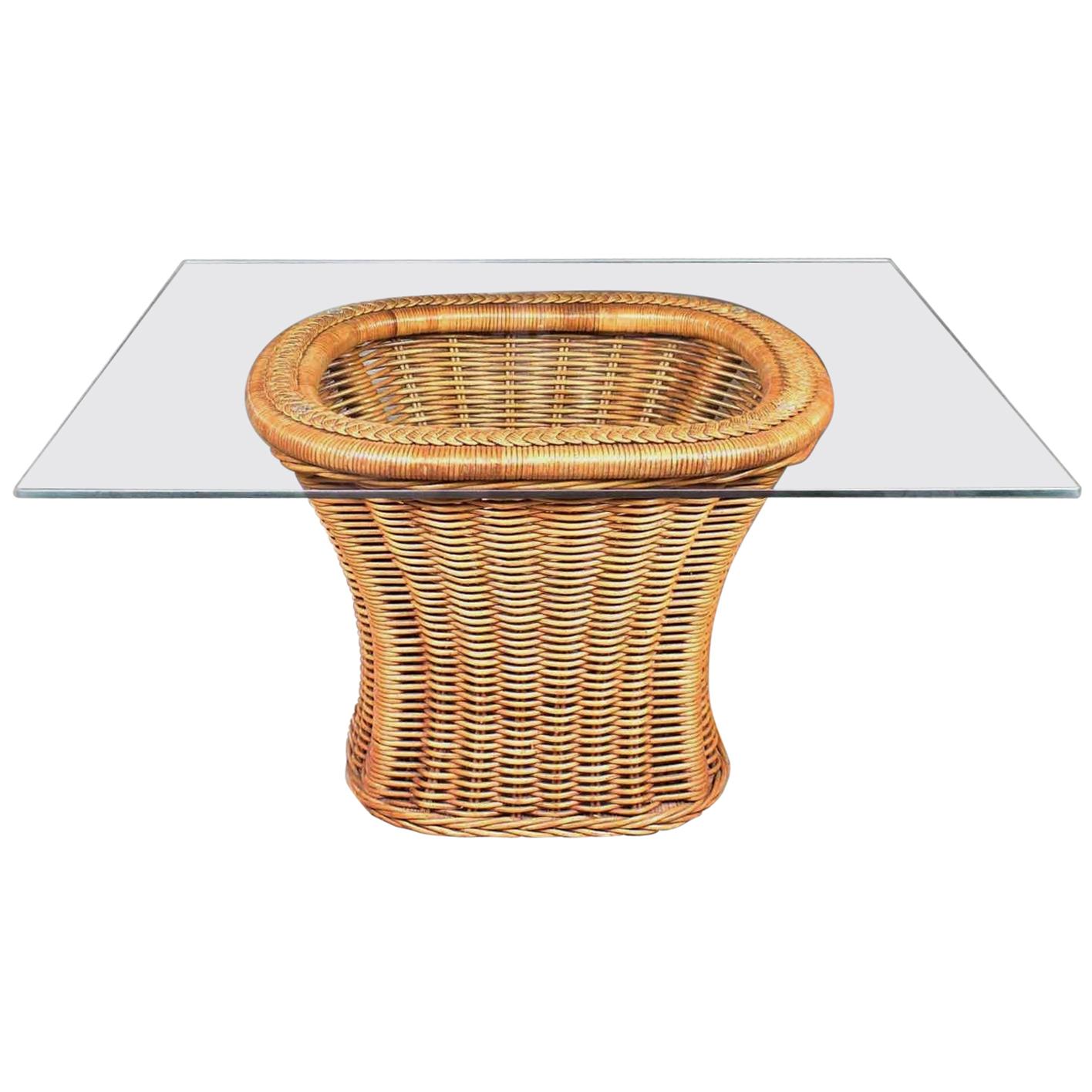 Organic Modern Woven Wicker Rattan Side or End Table with Rectangular Glass