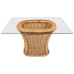 Organic Modern Woven Wicker Rattan Side or End Table with Rectangular Glass