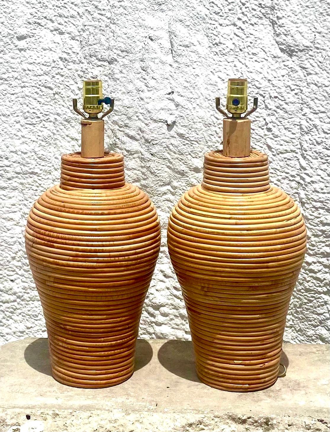 Incredible pair of vintage Organic Modern table lamps. Beautiful wrapped pencil reed in a ginger jar shape. Polished brass hardware. Acquired from a Palm Beach estate.