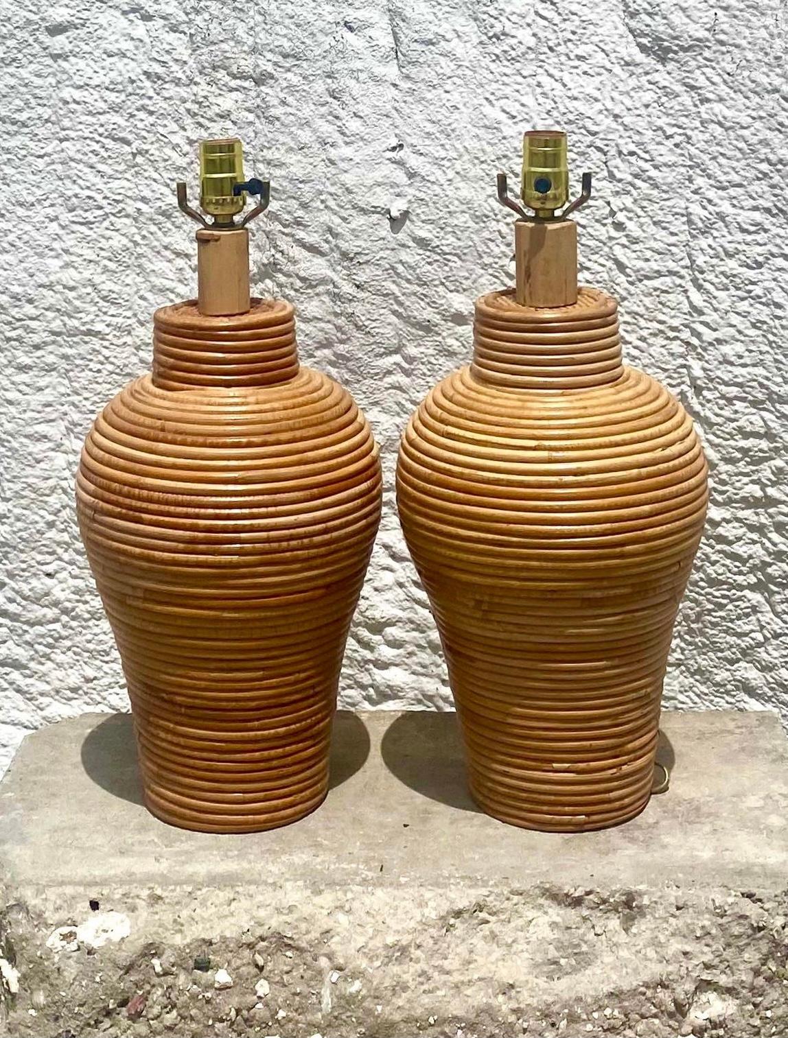 20th Century Organic Modern Wrapped Pencil Reed Table Lamps, a Pair 