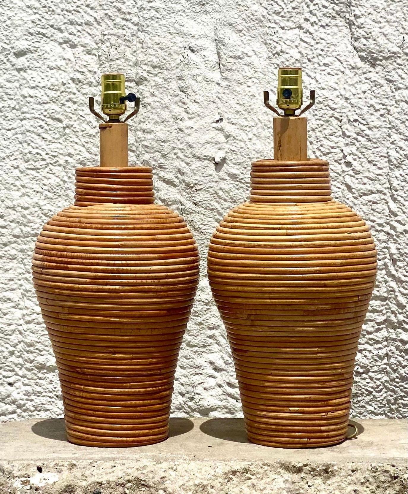 Organic Modern Wrapped Pencil Reed Table Lamps, a Pair  2