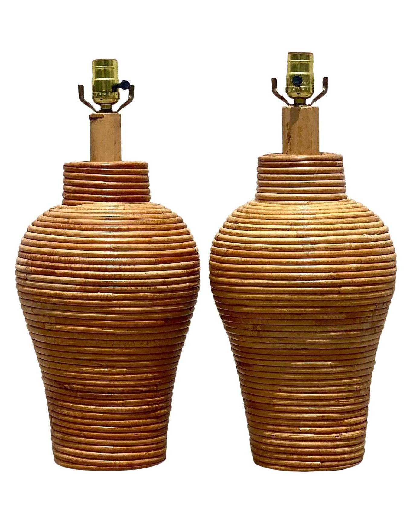Organic Modern Wrapped Pencil Reed Table Lamps, a Pair  4