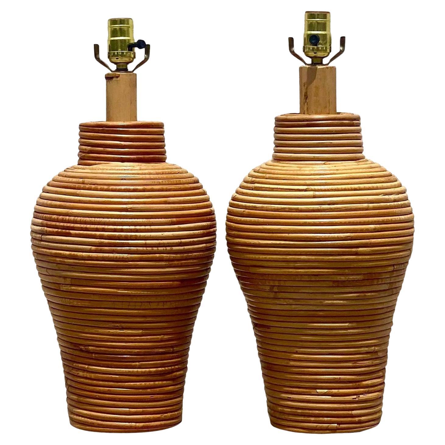 Organic Modern Wrapped Pencil Reed Table Lamps, a Pair 