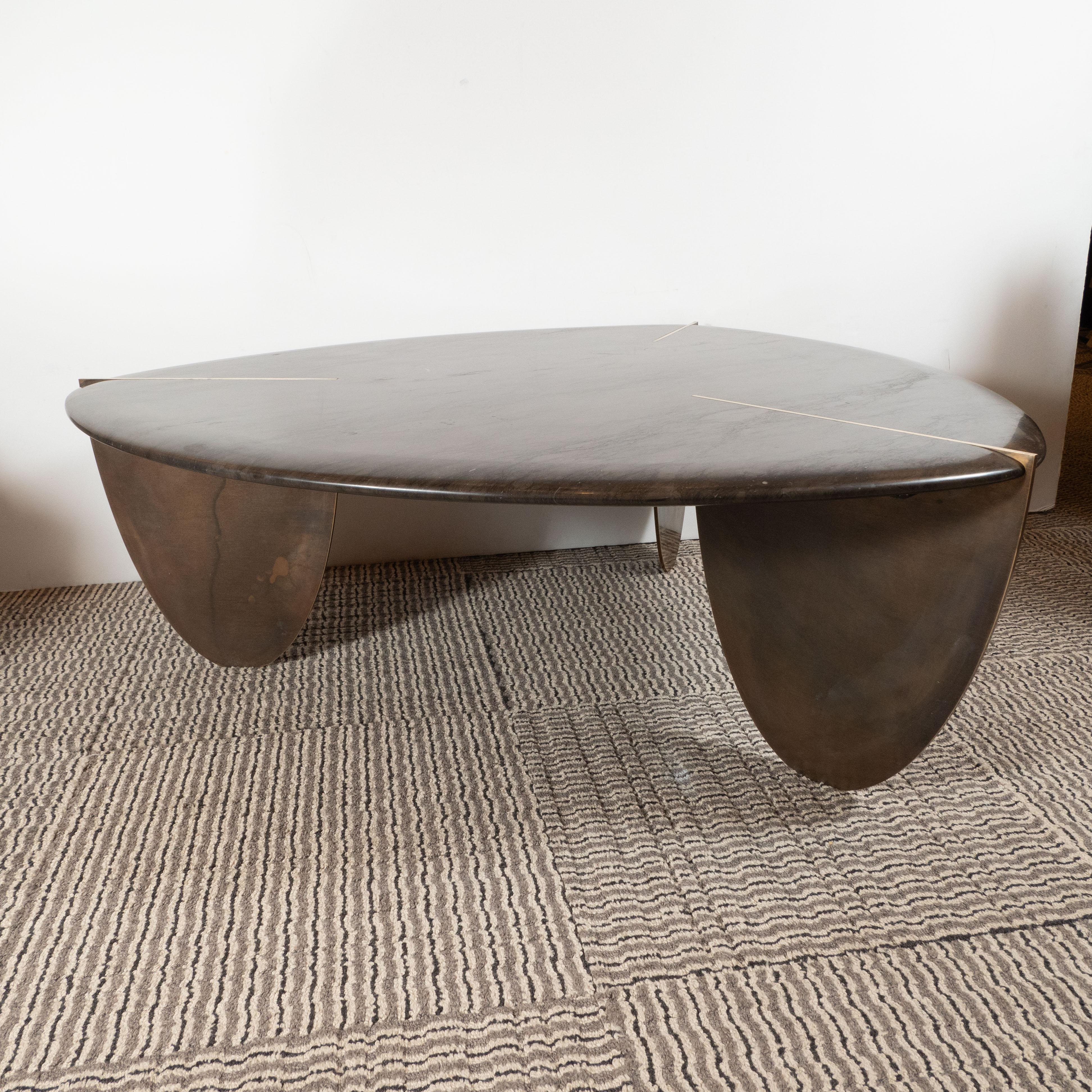 Organic Modernist Armani Marble Cocktail Table with Patinated Bronze Feet 1