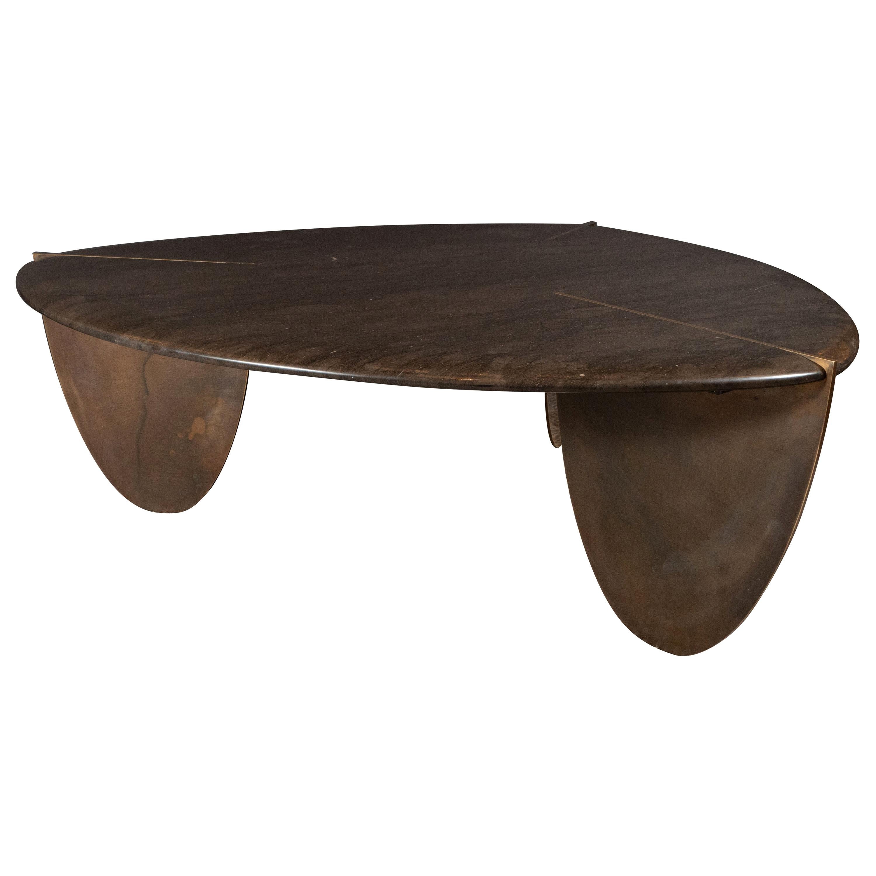 Organic Modernist Armani Marble Cocktail Table with Patinated Bronze Feet