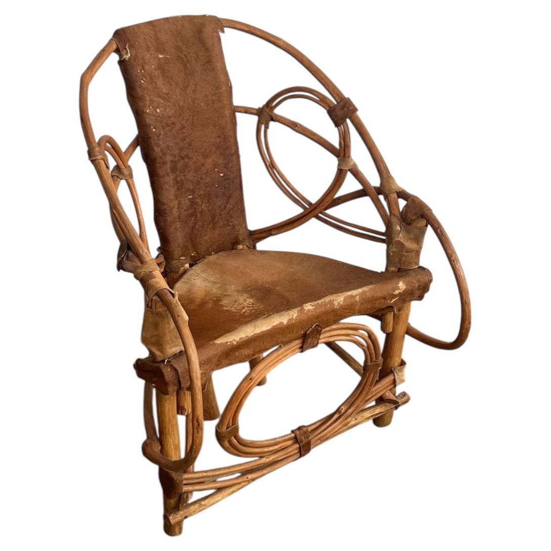 Organic Modernist Armchair Rattan and Cowhide Italian Work, 1960s For Sale