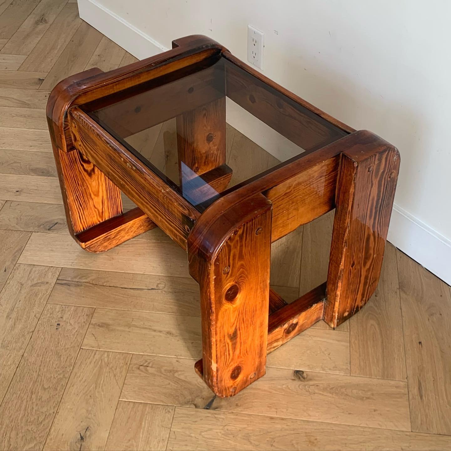 Smoked Glass Organic Modernist Chunky Accent Table in Douglas Fir, Early 1970s