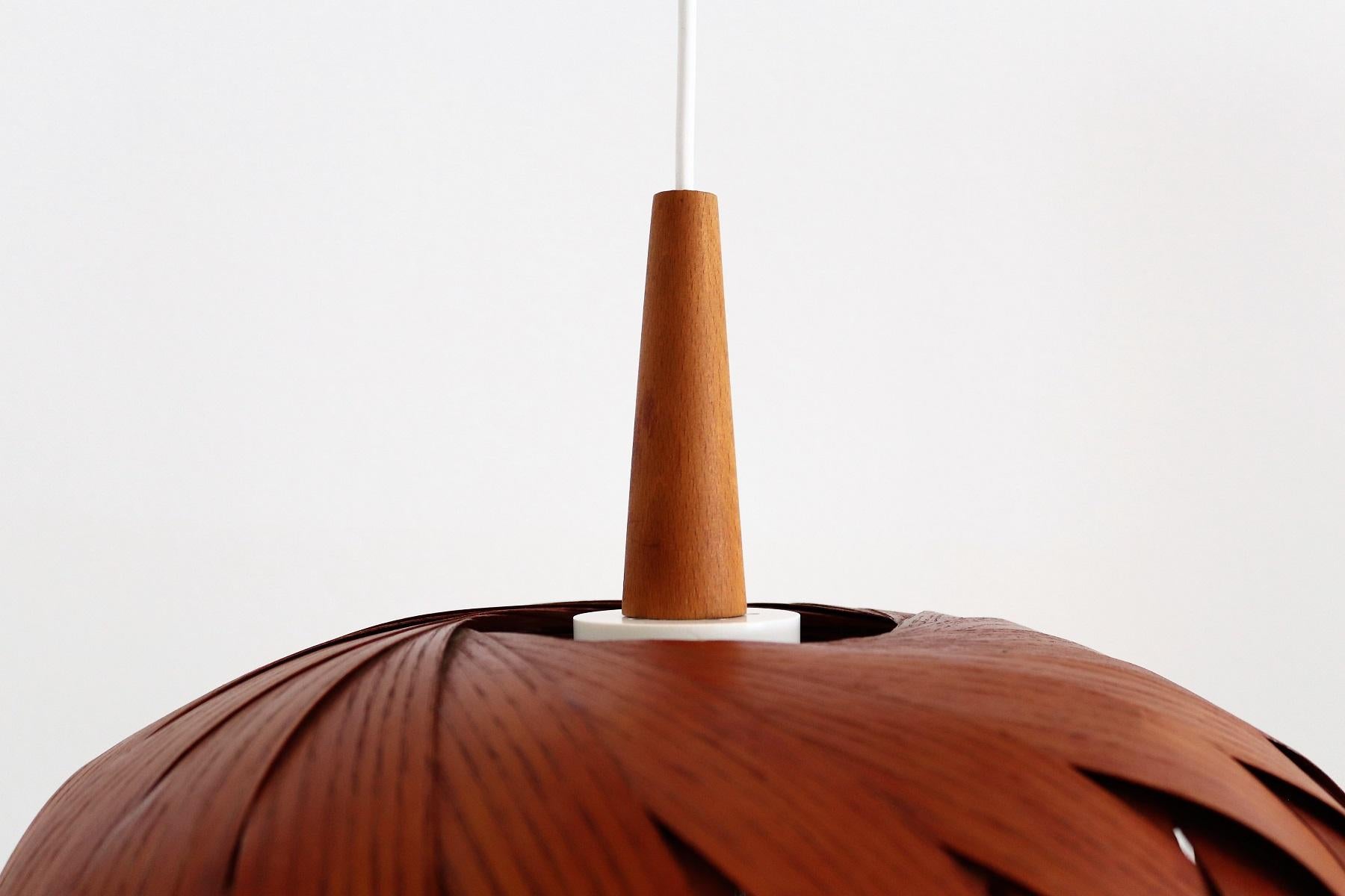 Organic Modernist Natural Teak Wood Veneer and Wicker Pendant Lamp, 1960s For Sale 5