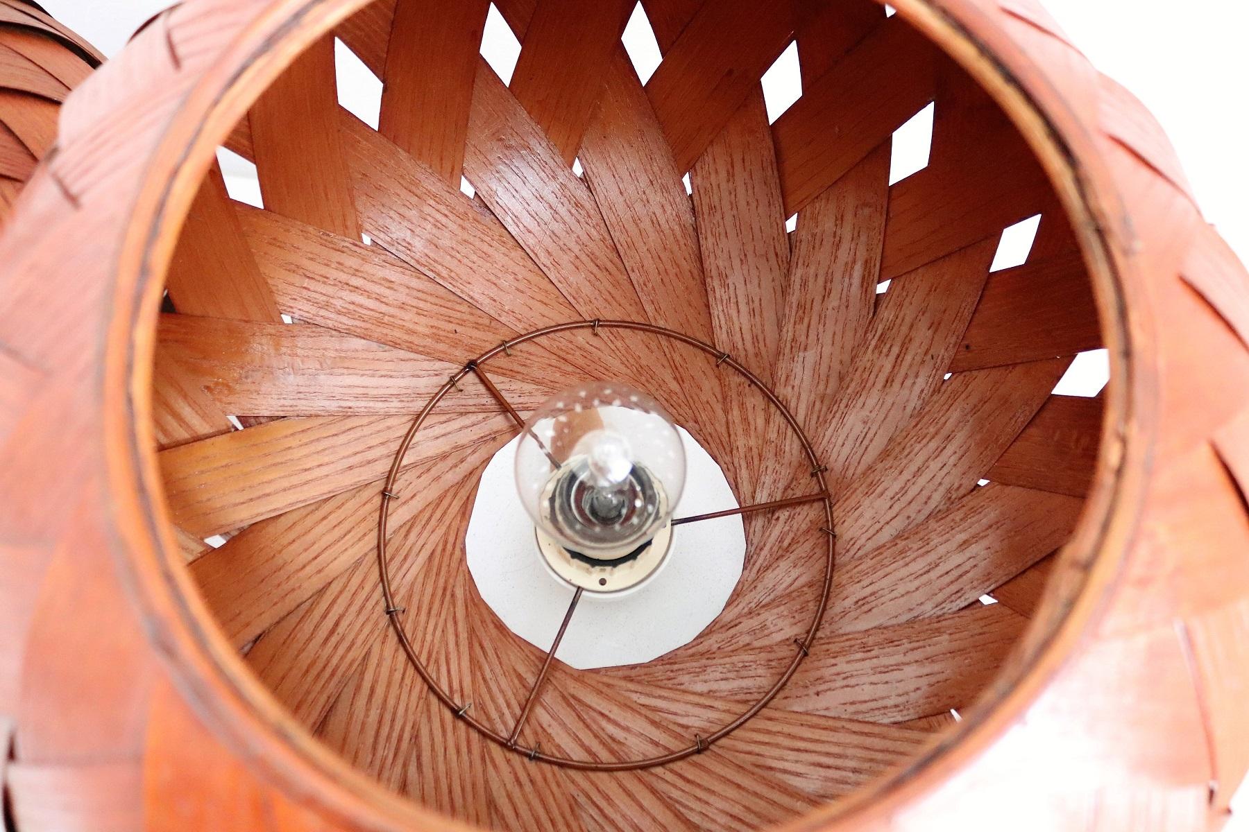 Organic Modernist Natural Teak Wood Veneer and Wicker Pendant Lamp, 1960s For Sale 15