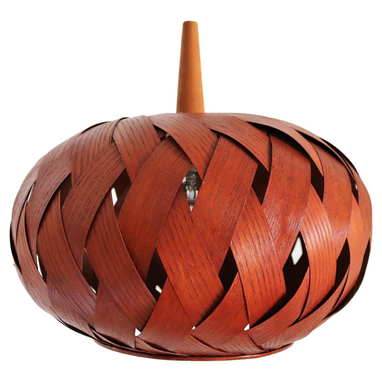 Organic Modernist Natural Teak Wood Veneer and Wicker Pendant Lamp, 1960s For Sale