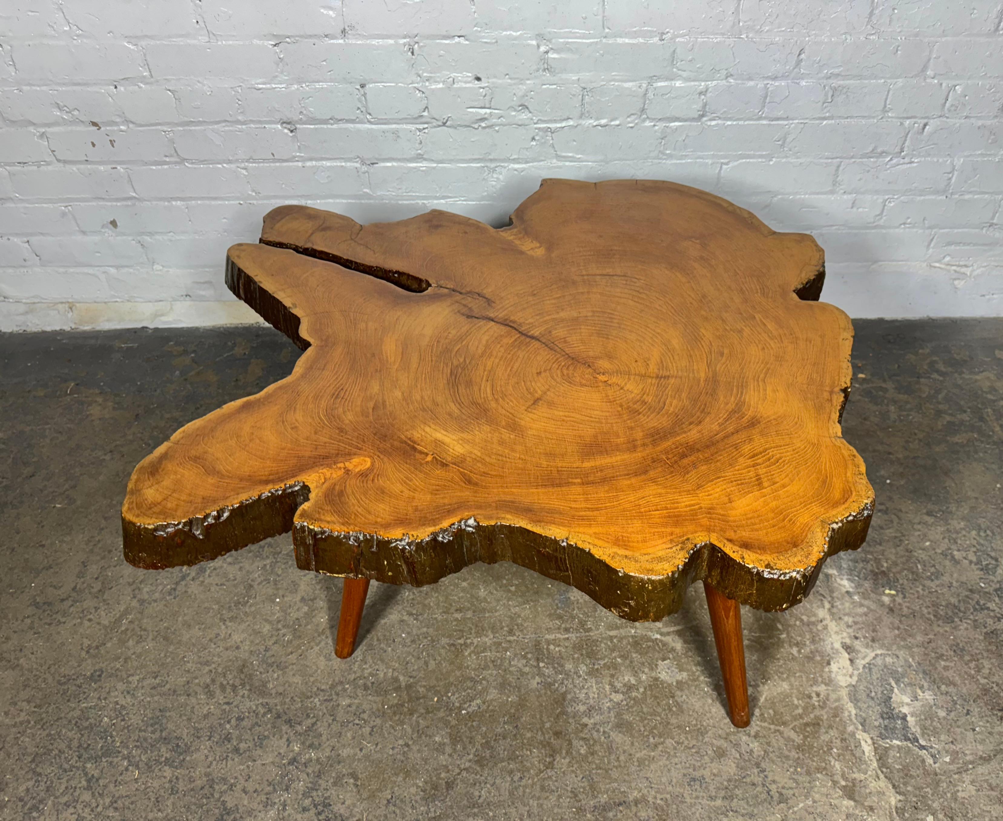 Organic Modernist Tree Trunk Side Coffee Table, style Aubock 1950s.. Unusual slab top..2.5