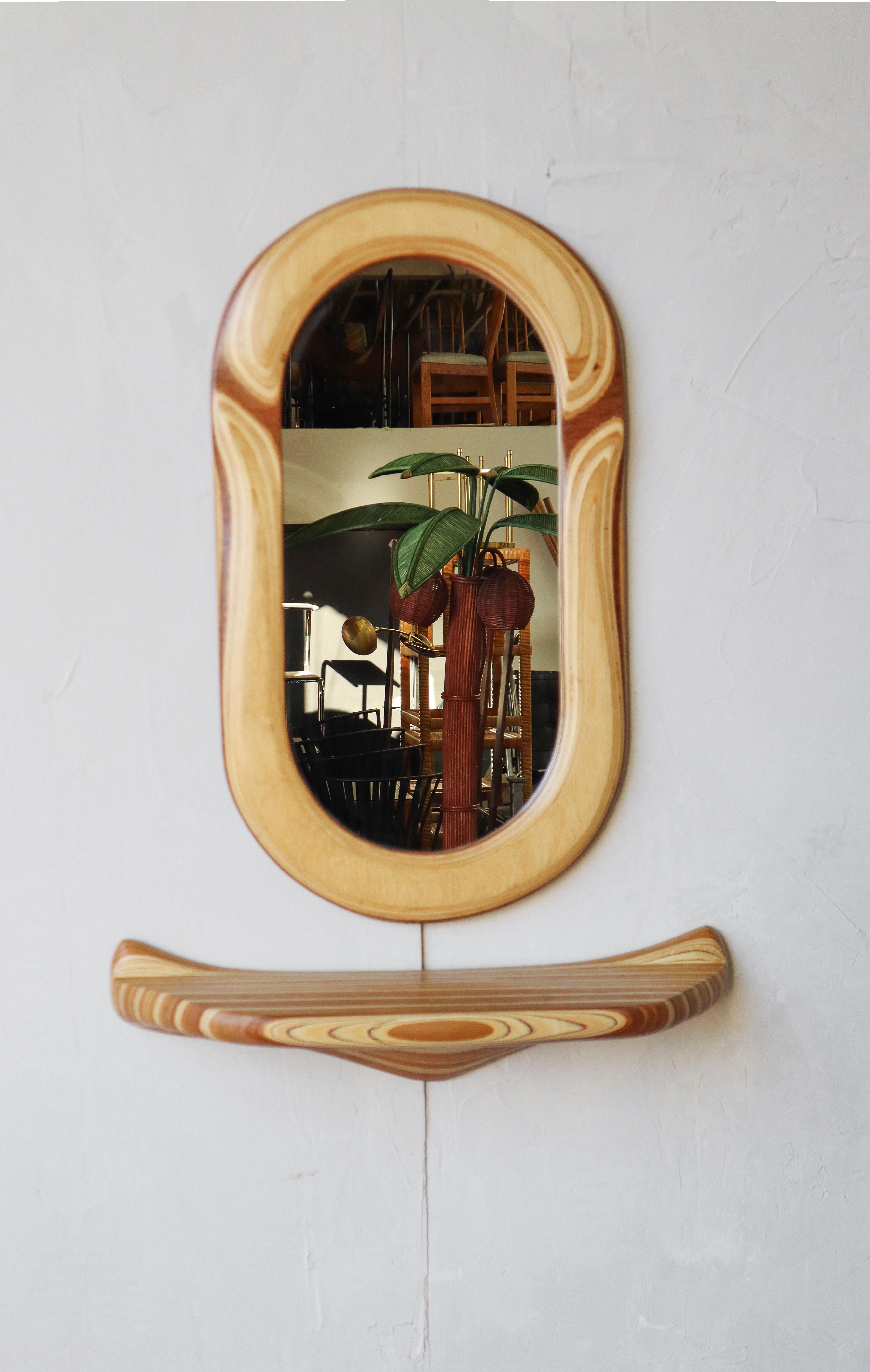 Unique molded plywood mirror and shelf set. Beautiful and organic. 

No damage to be noted.

Mirror dimensions: 28