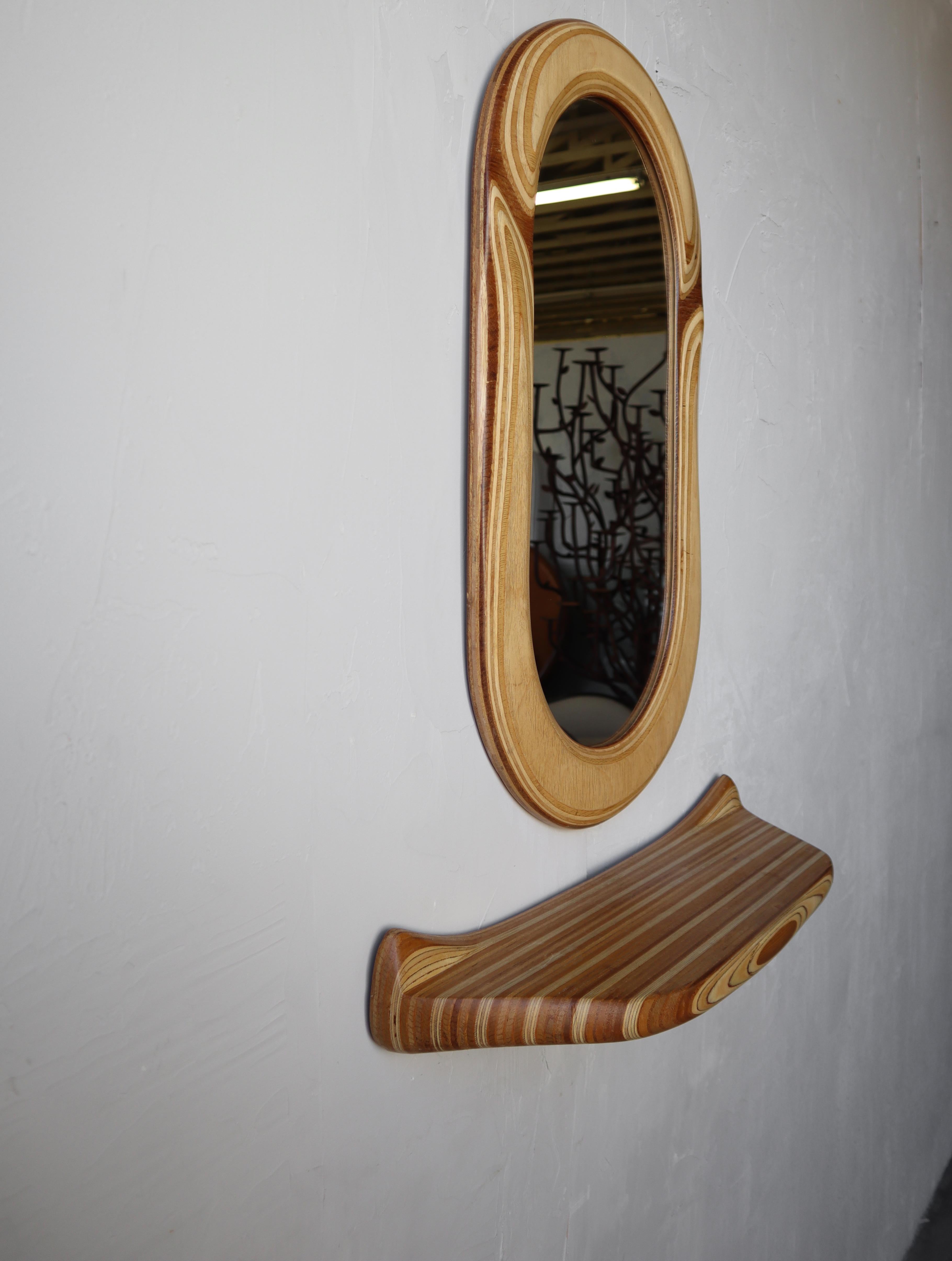 American Craftsman Organic Molded Plywood Mirror and Shelf Set For Sale