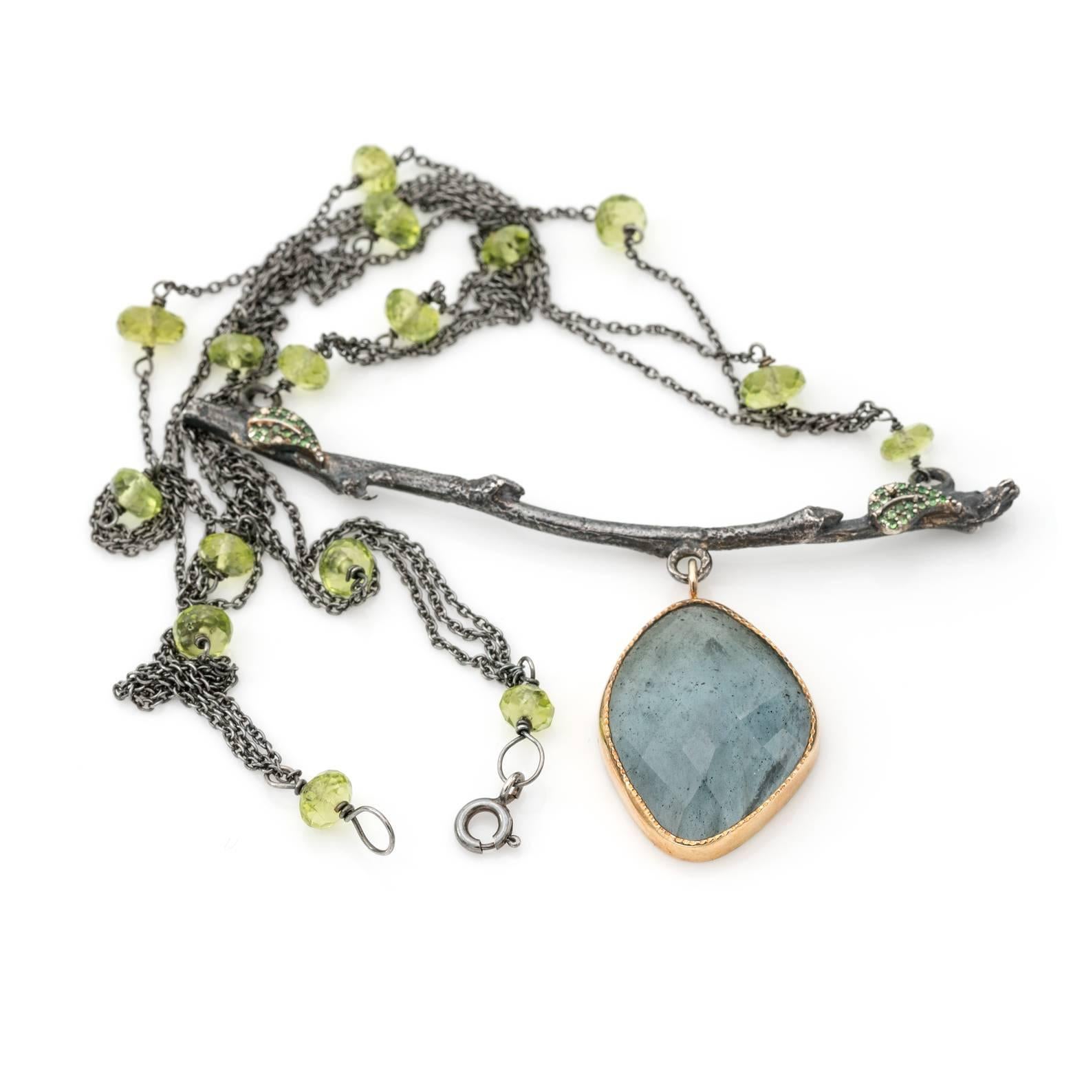 Women's or Men's Organic Moss Aquamarine Pendant on Tsavorite Branch For Sale