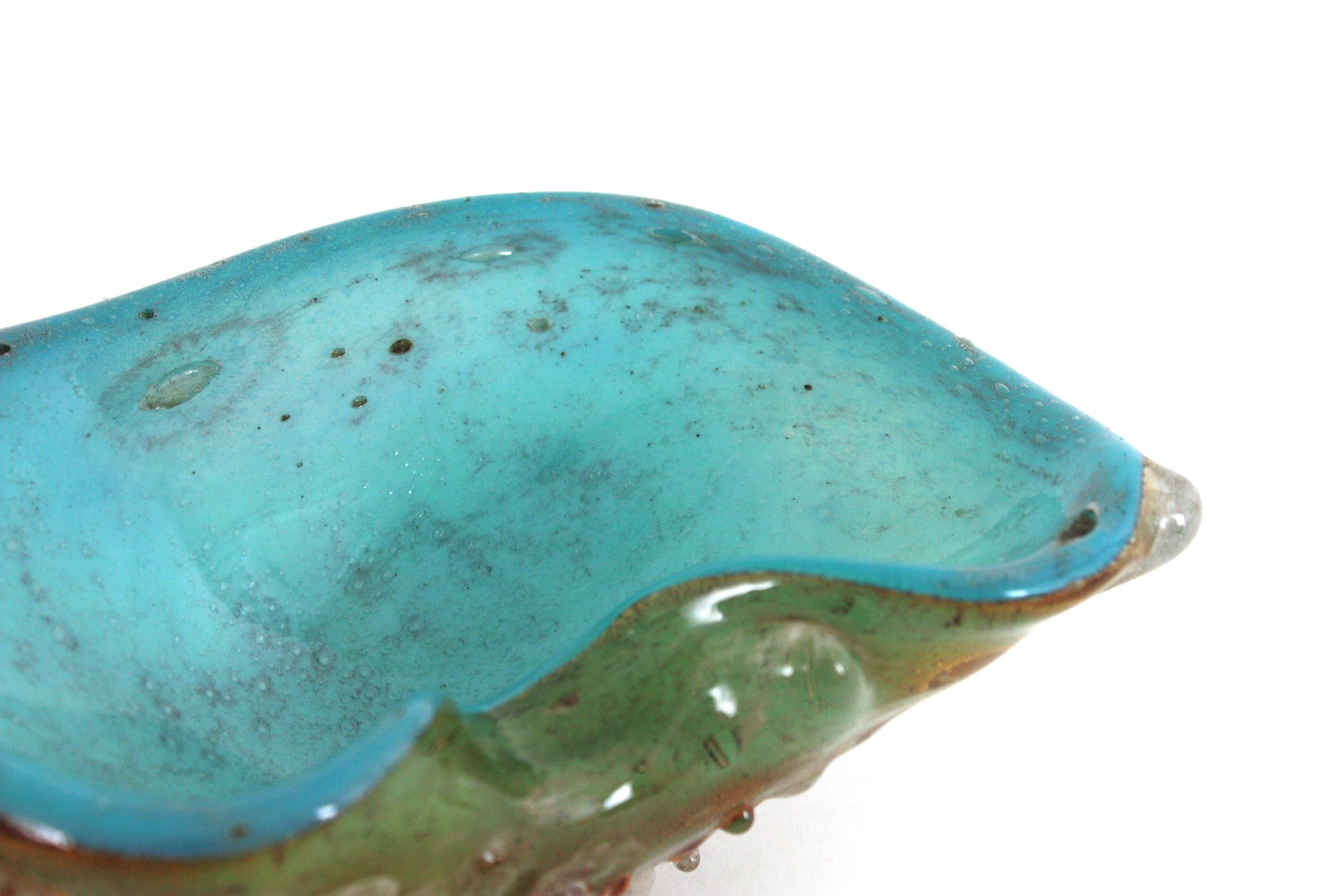 Cuenco orgánico de Murano en vidrio azul turquesa y ámbar con gotas de vidrio aplicadas, años 50 en venta 5