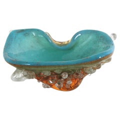 Organic Murano Turquoise Blue & Amber Glass Bowl with Applied Glass Drops, 1950s
