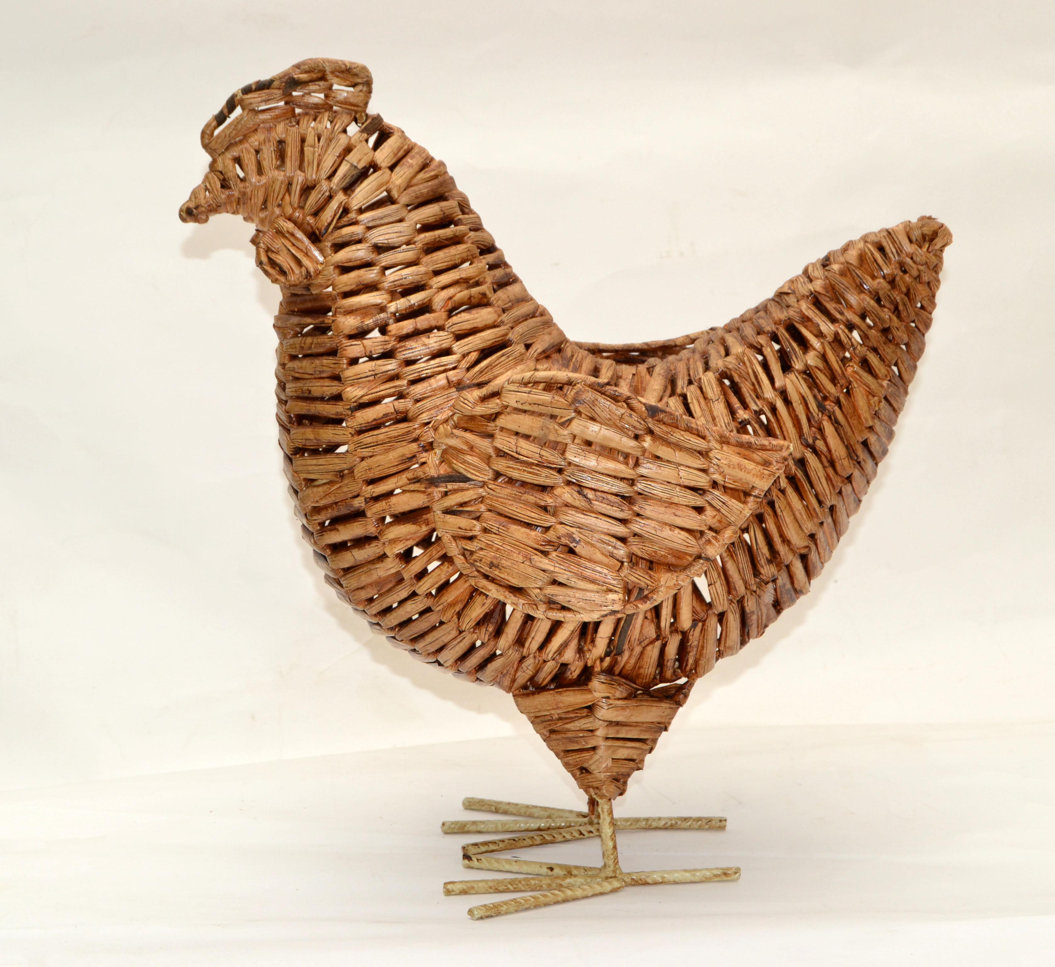 Folk art organic natural fiber handcrafted life-size chicken sculpture, animal figurine made out of dried and lacquered banana leaves and wire.
     