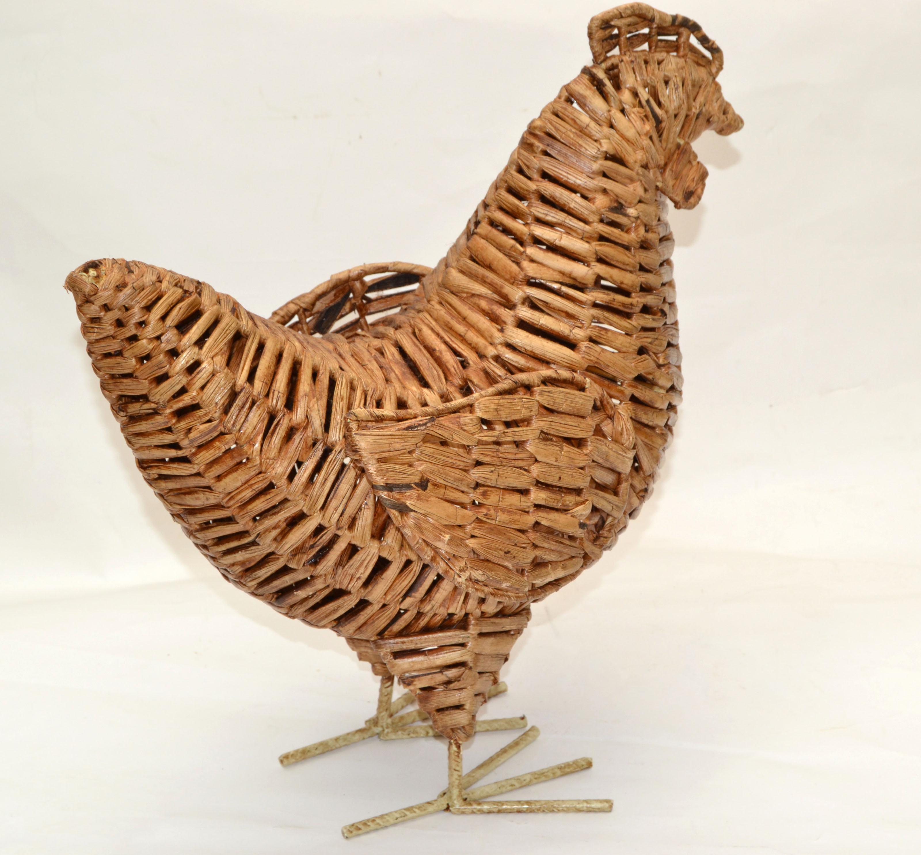 American Organic Natural Fiber Handcrafted Chicken Sculpture, Animal Figurine Folk Art