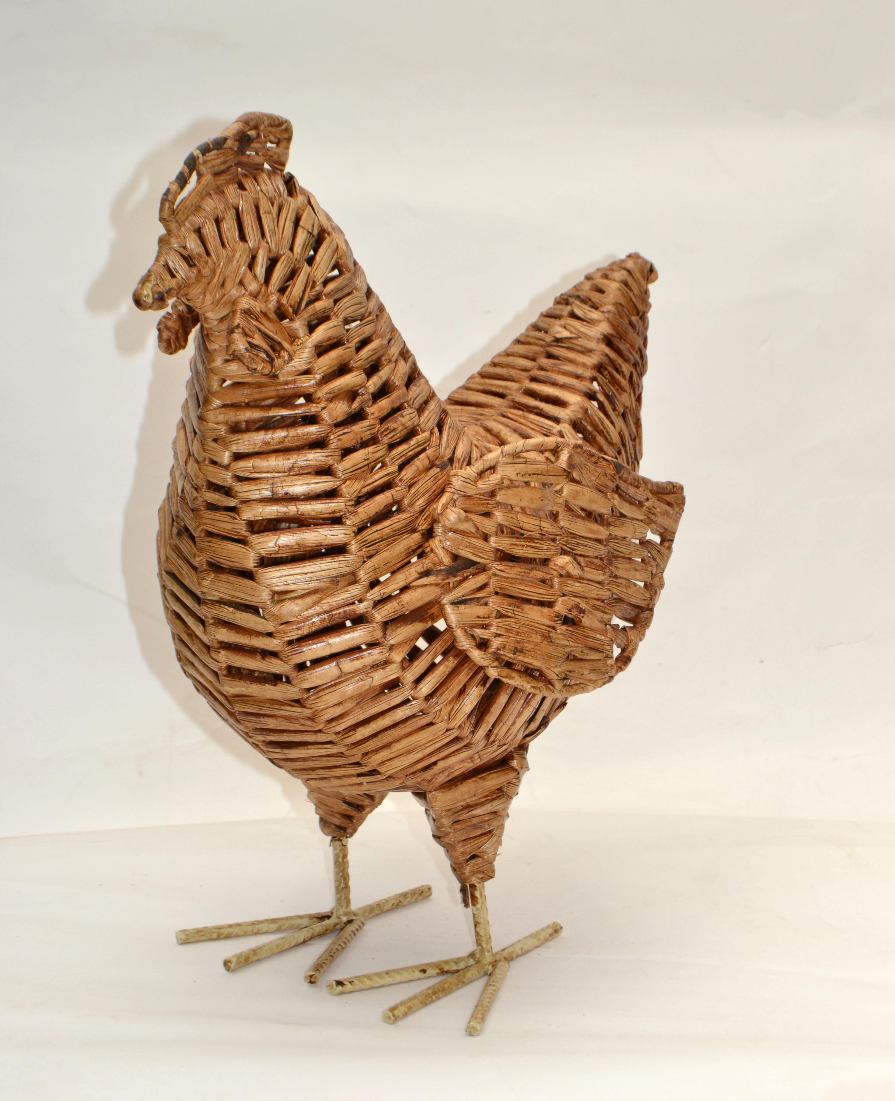 Hand-Crafted Organic Natural Fiber Handcrafted Chicken Sculpture, Animal Figurine Folk Art