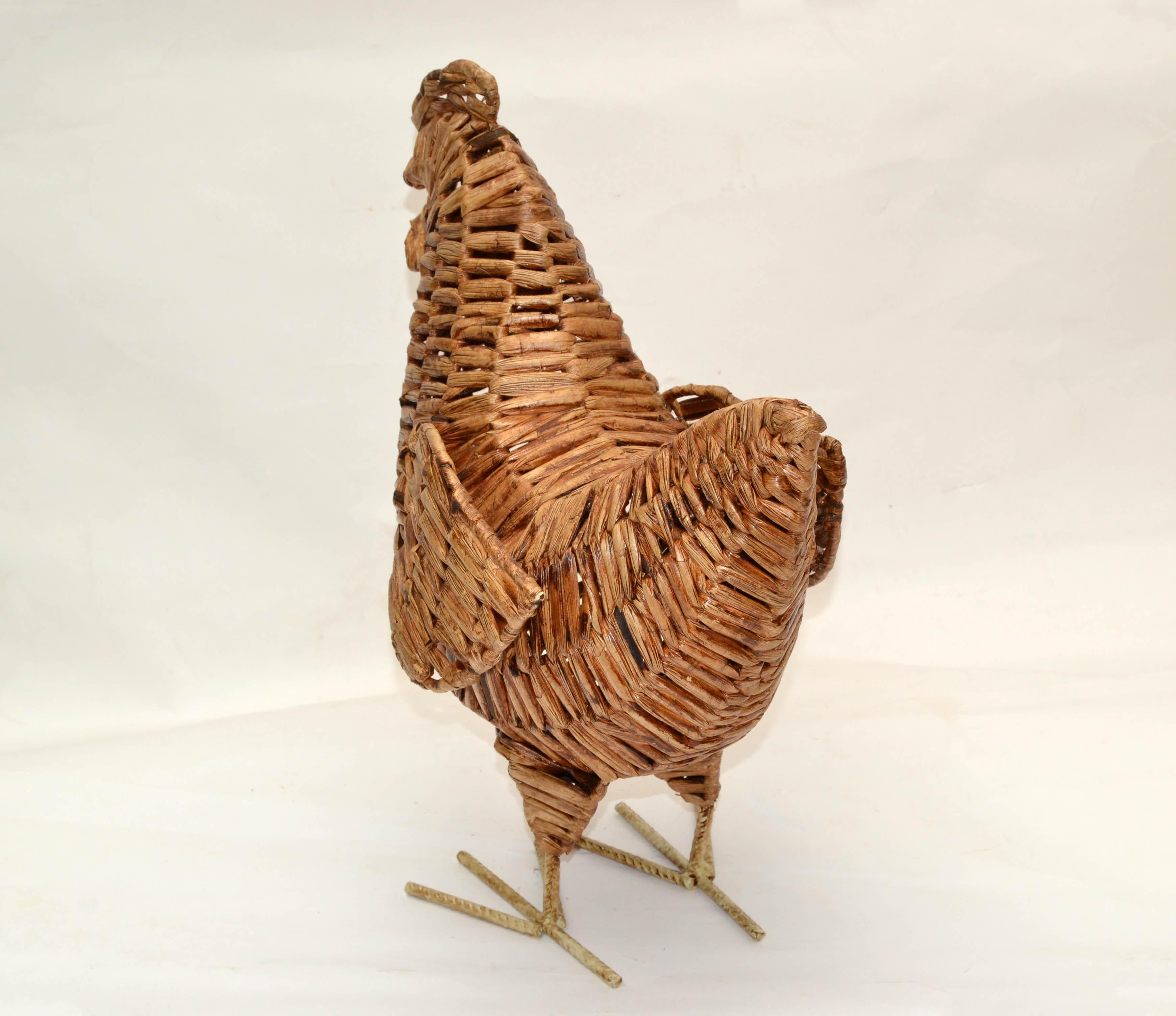 Late 20th Century Organic Natural Fiber Handcrafted Chicken Sculpture, Animal Figurine Folk Art