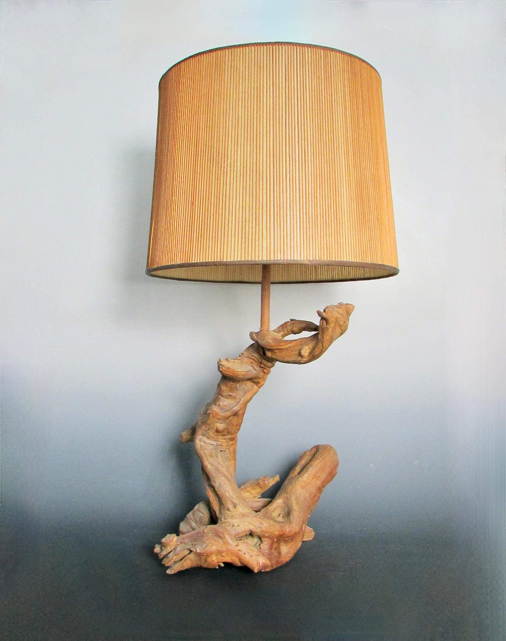 Hand-Crafted Organic Natural Free Edge Style Hardwood Table Lamp with Original Shade For Sale