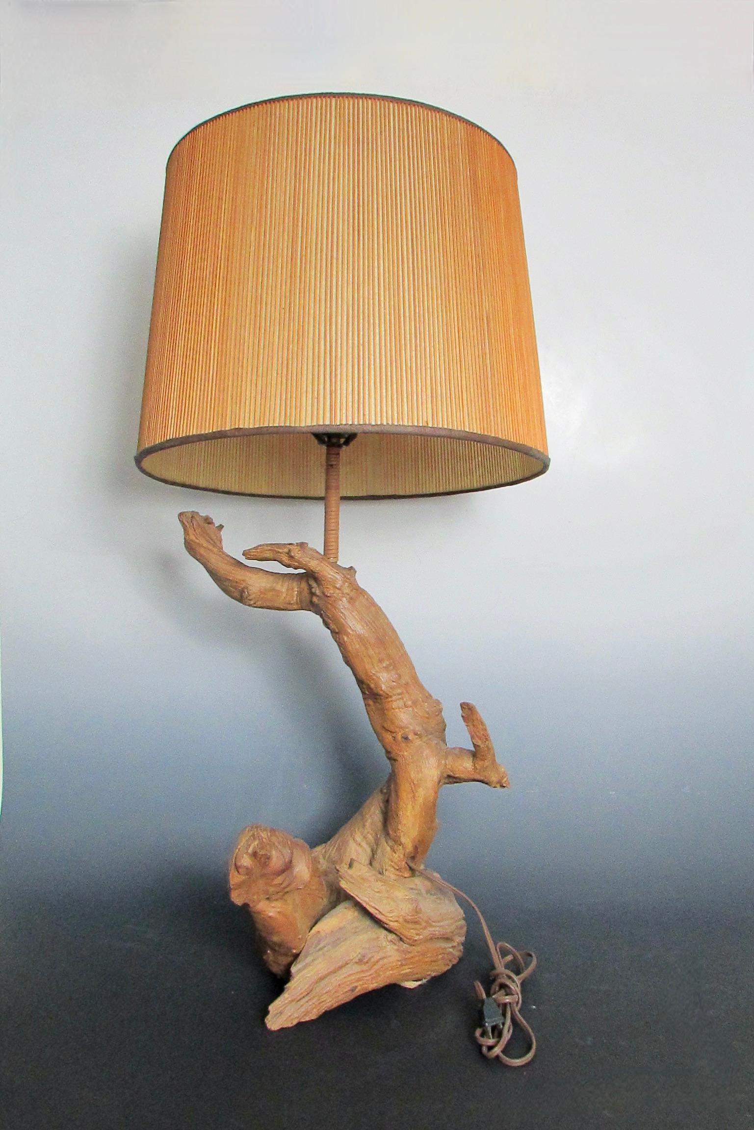 20th Century Organic Natural Free Edge Style Hardwood Table Lamp with Original Shade For Sale