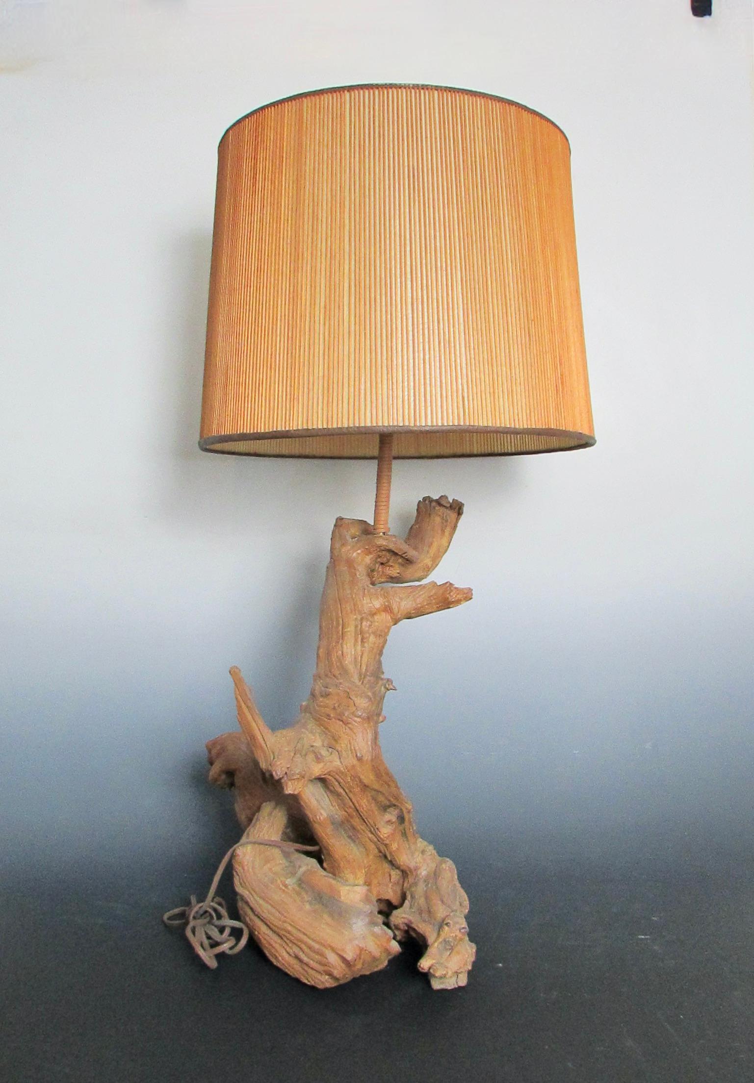 Driftwood Organic Natural Free Edge Style Hardwood Table Lamp with Original Shade For Sale