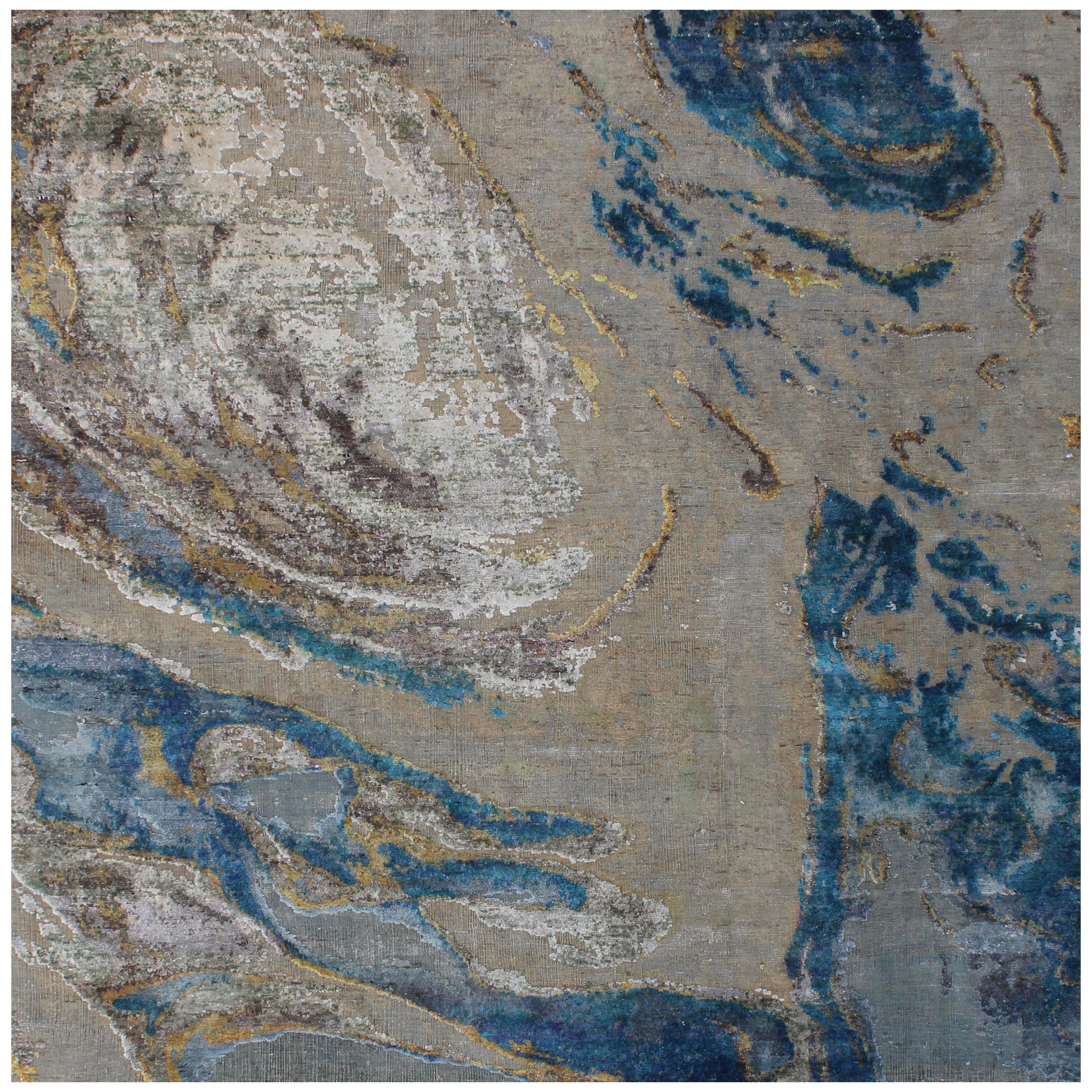 Organic Coastal Pattern Hand Knotted Wool and Silk Abstract  Beige Turquoise Rug