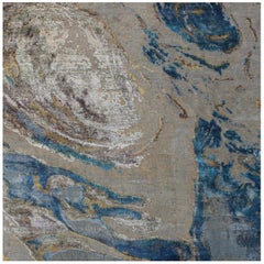 Organic Coastal Pattern Hand Knotted Wool and Silk Abstract  Beige Turquoise Rug