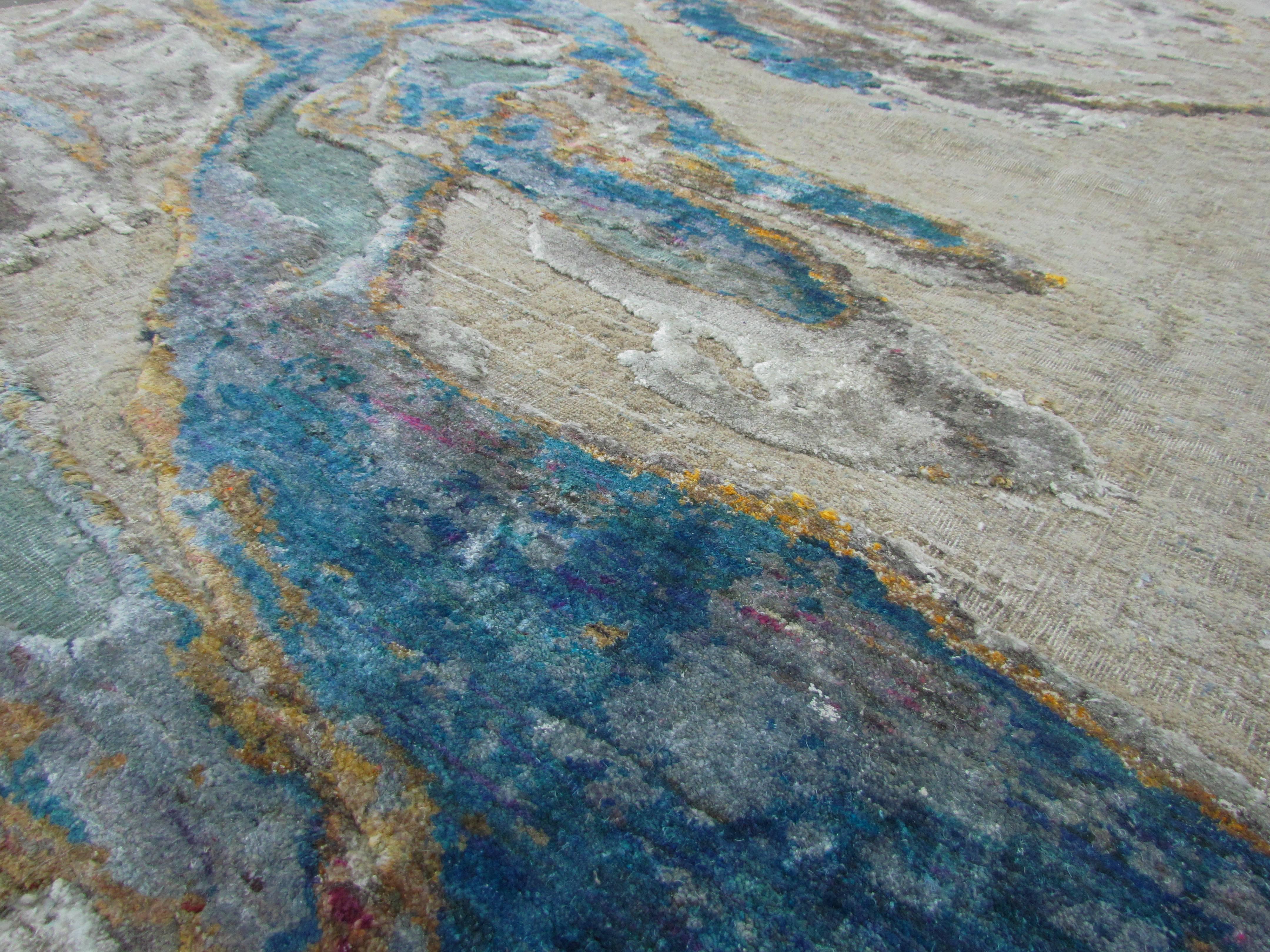 Organic Modern Organic Sea Design Wool and Silk Hand Knotted Abstract Sand and Turquoise Rug For Sale