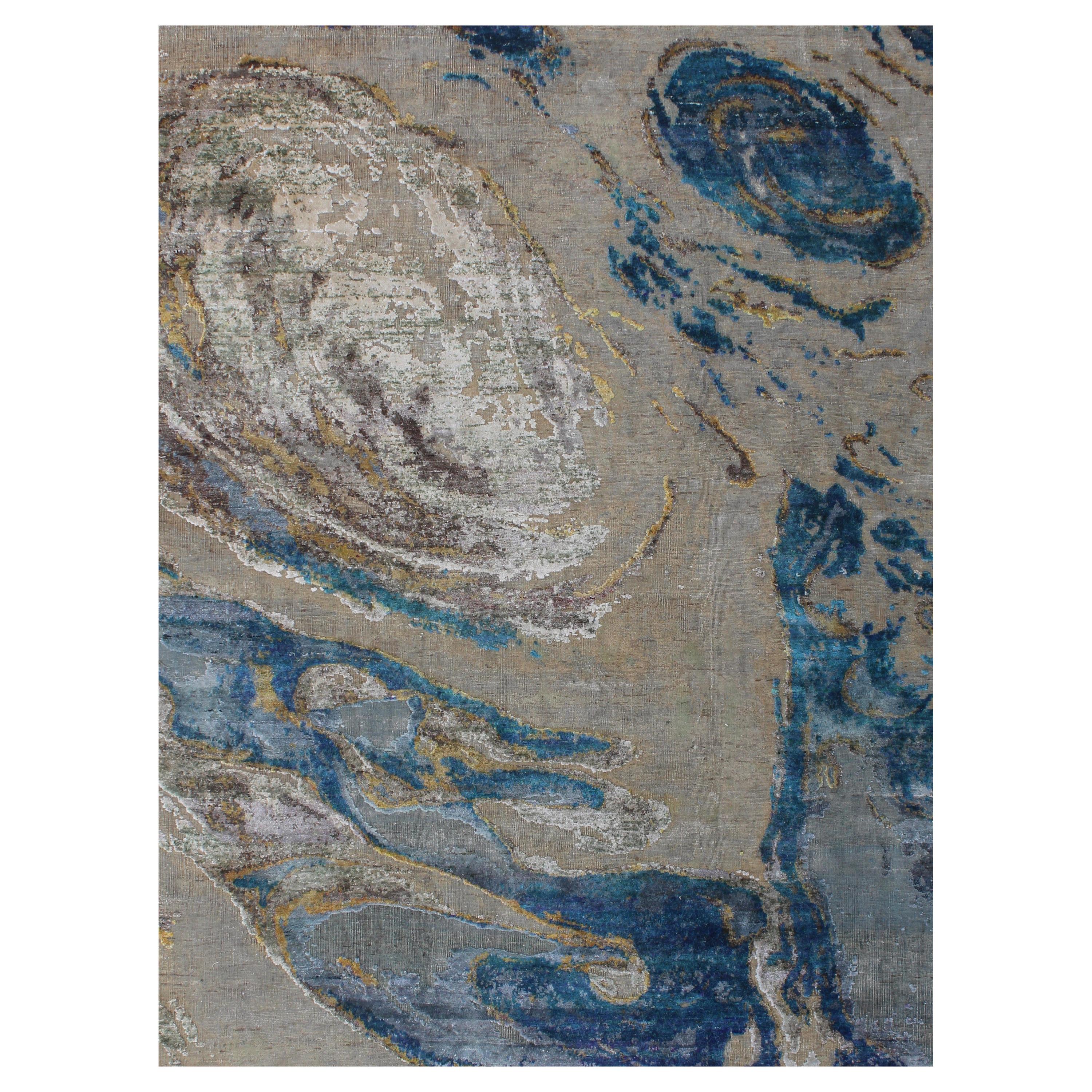 Organic Sea Design Wool and Silk Hand Knotted Abstract Sand and Turquoise Rug For Sale