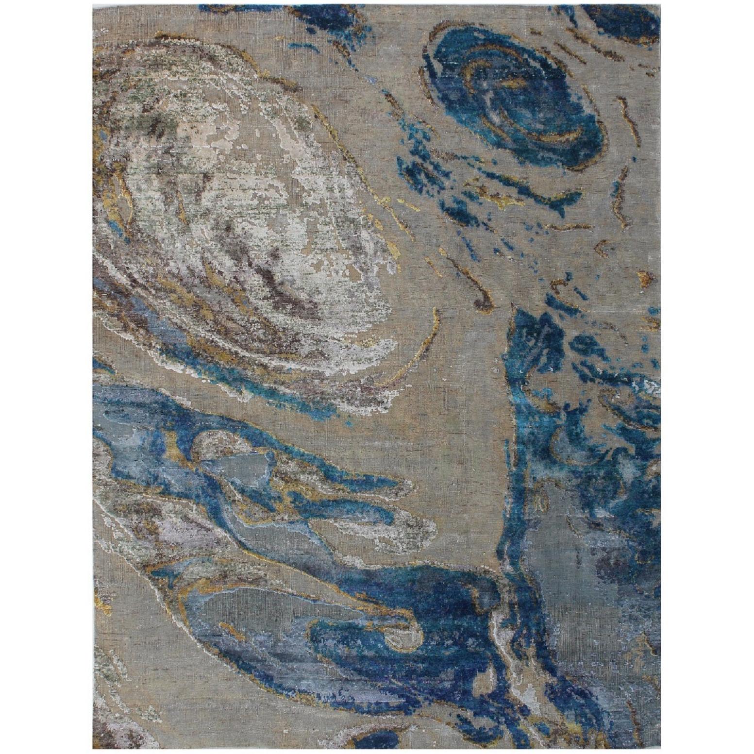 Beige White Turquoise Organic Hand-Knotted Wool and Silk Organic Rug in Stock For Sale