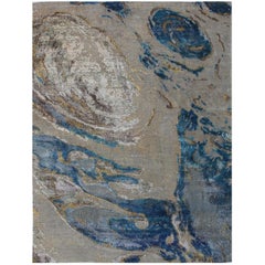 Beige White Turquoise Organic Hand-Knotted Wool and Silk Organic Rug in Stock