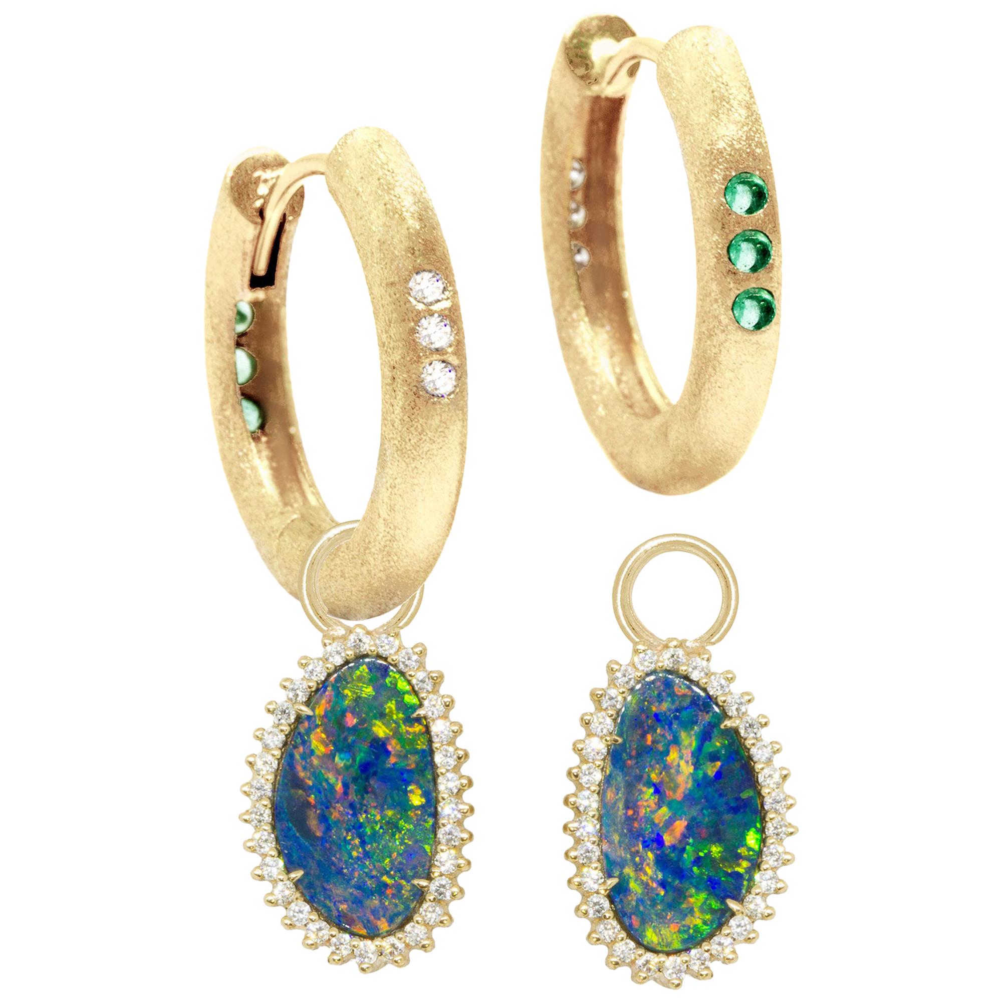 Organic Opal Charms and The Zen Gold 18 Karat Reversible Huggies Earrings For Sale