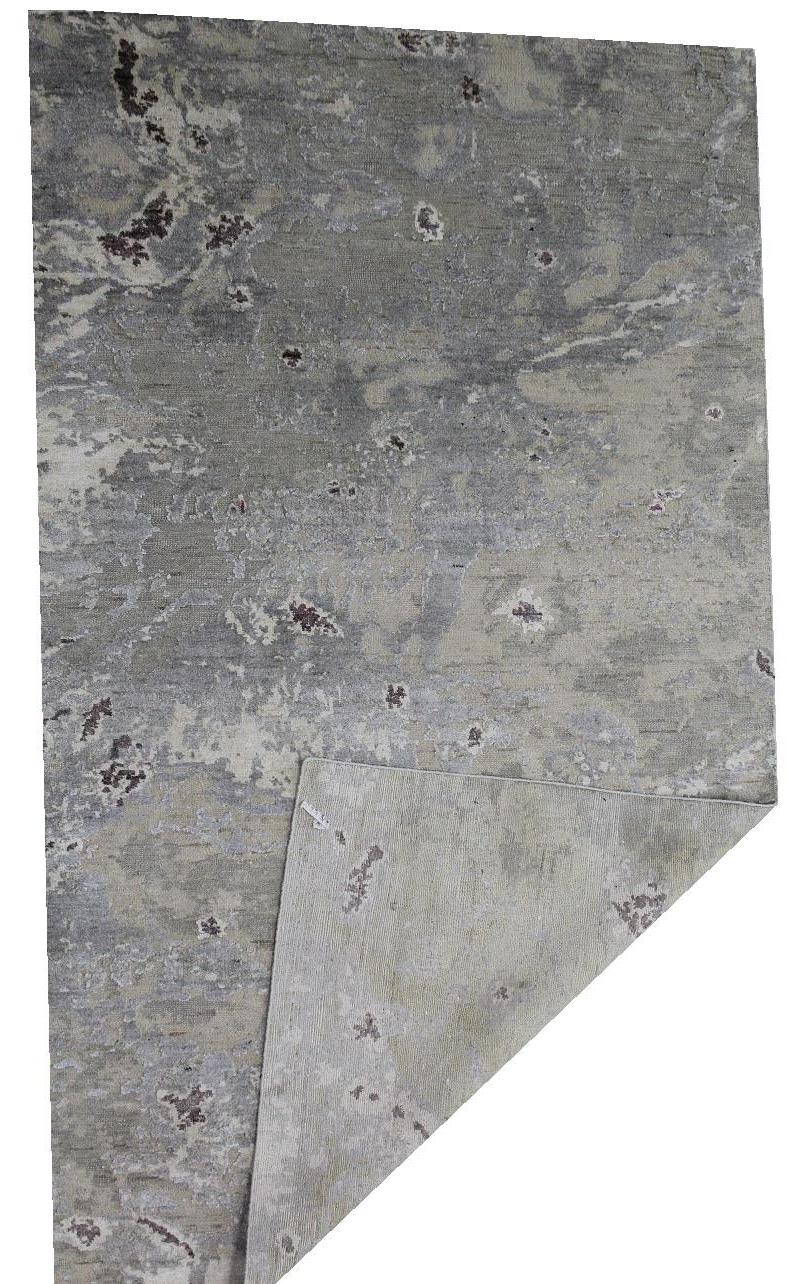 Other Organic Texture Abstract Grey Silver Beige Wool and Silk Hand Knotted Rug For Sale