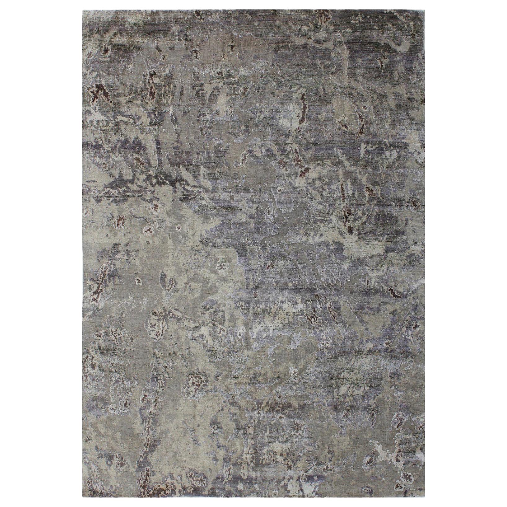 Organic Texture Abstract Grey Silver Beige Wool and Silk Hand Knotted Rug For Sale